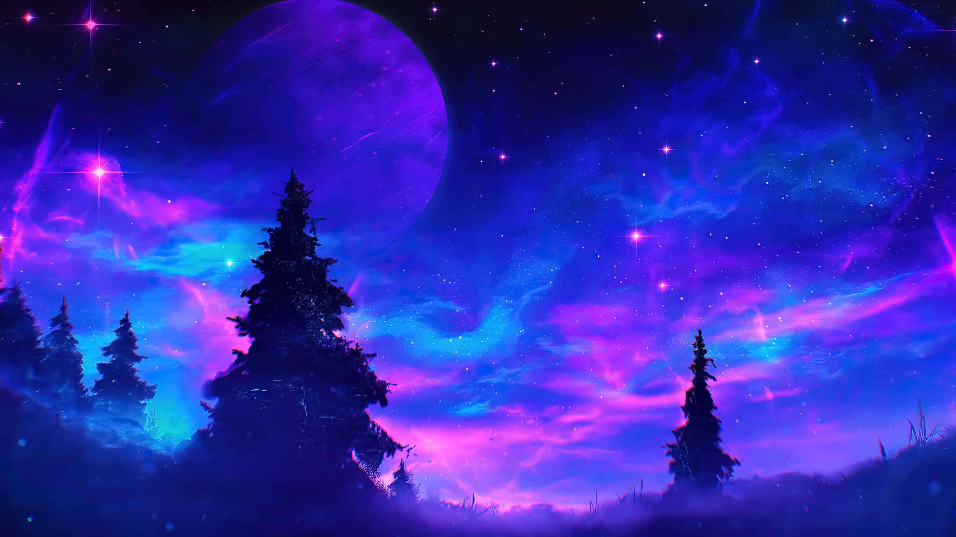  壁紙 — 剪影的松樹矗立在充滿活力的紫色和藍色星雲天空下，點綴著閃爍的星星和發光的月亮。