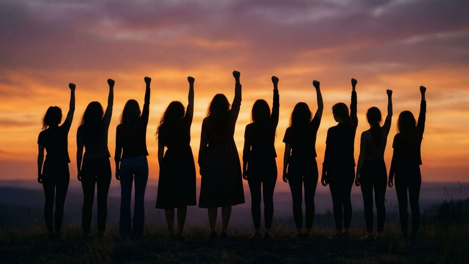 Womens Rights 桌布 壁紙 — 九位女性剪影在充滿活力的橙色和紫色日落天空下團結高舉拳頭。