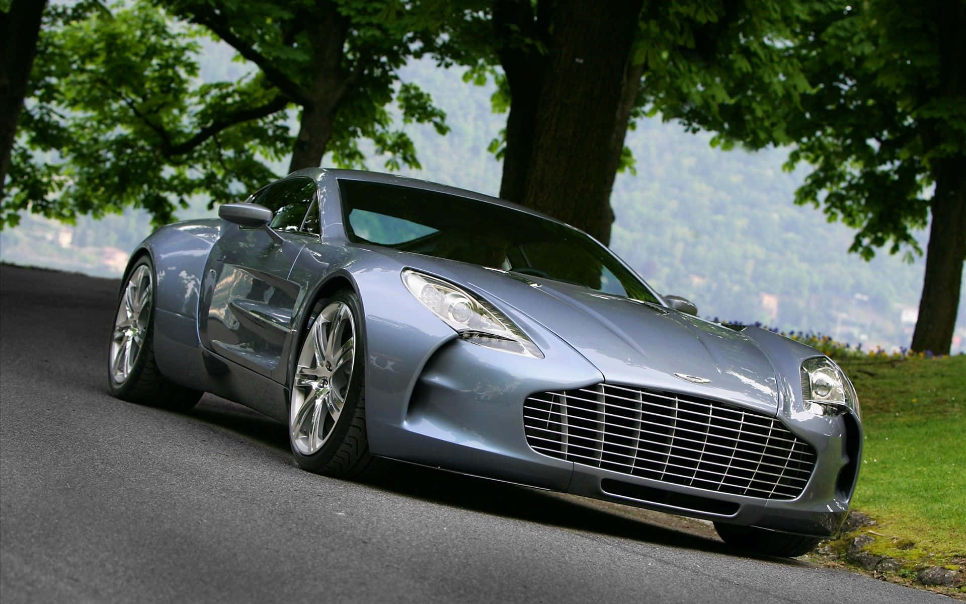 Aston Martin One-77 桌布 壁紙 — 一架流線型銀色Aston Martin跑車停泊在林蔭大道上，背景有茂密的綠樹和遠山。