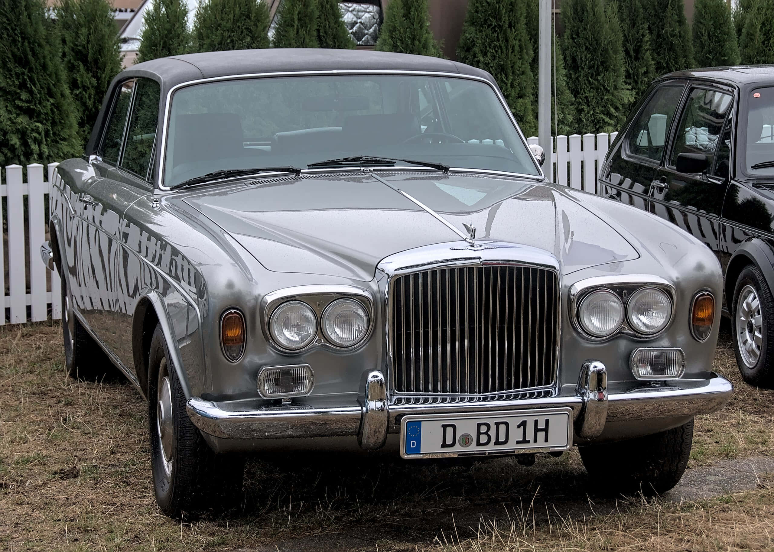 Bentley T1 桌布 壁紙 — 一輛銀色經典賓利，帶有鍍鉻格柵和定制側面貼紙，停在白色圍欄附近的草地上。