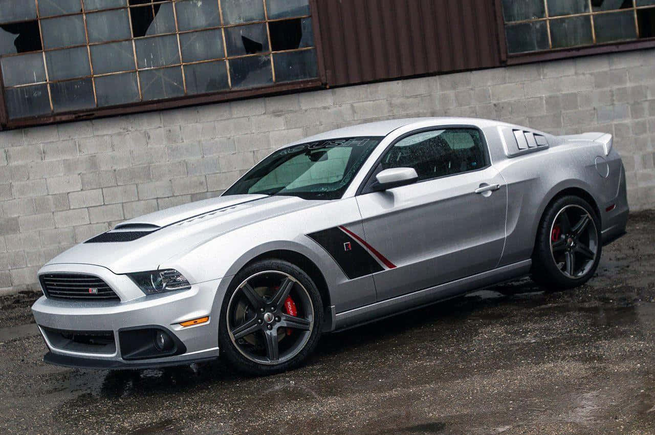 Ford Mustang Roush 桌布 壁紙 — 一架時尚的銀色福特 Mustang R，配備紅色制動卡鉗，停在濕漉漉的路面上，背景是窗戶破損的磚牆。