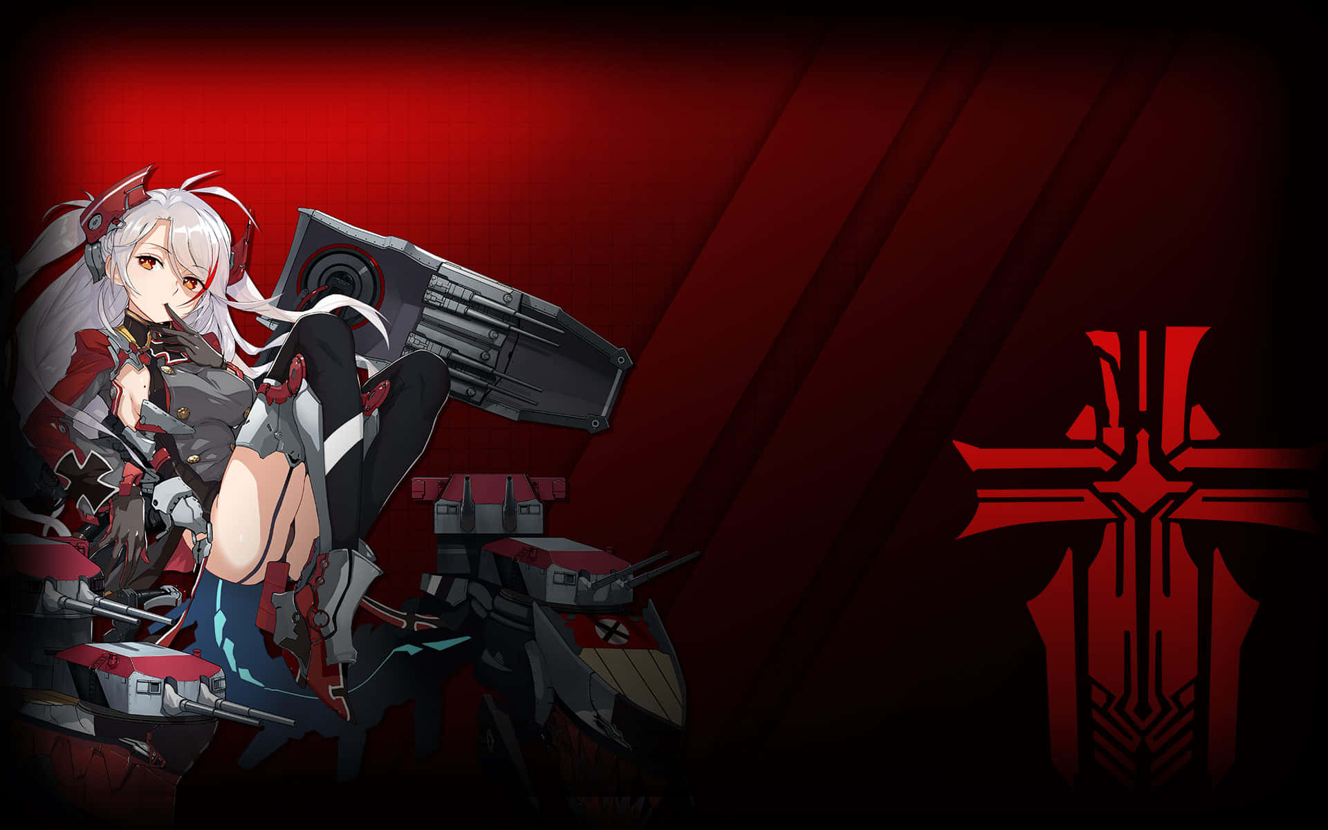 Azur Lane Prinz Eugen 桌布 壁紙 — 一位銀髮動漫女孩身穿紅黑盔甲，在深紅色背景上手持大型槍械，並帶有風格化標誌。