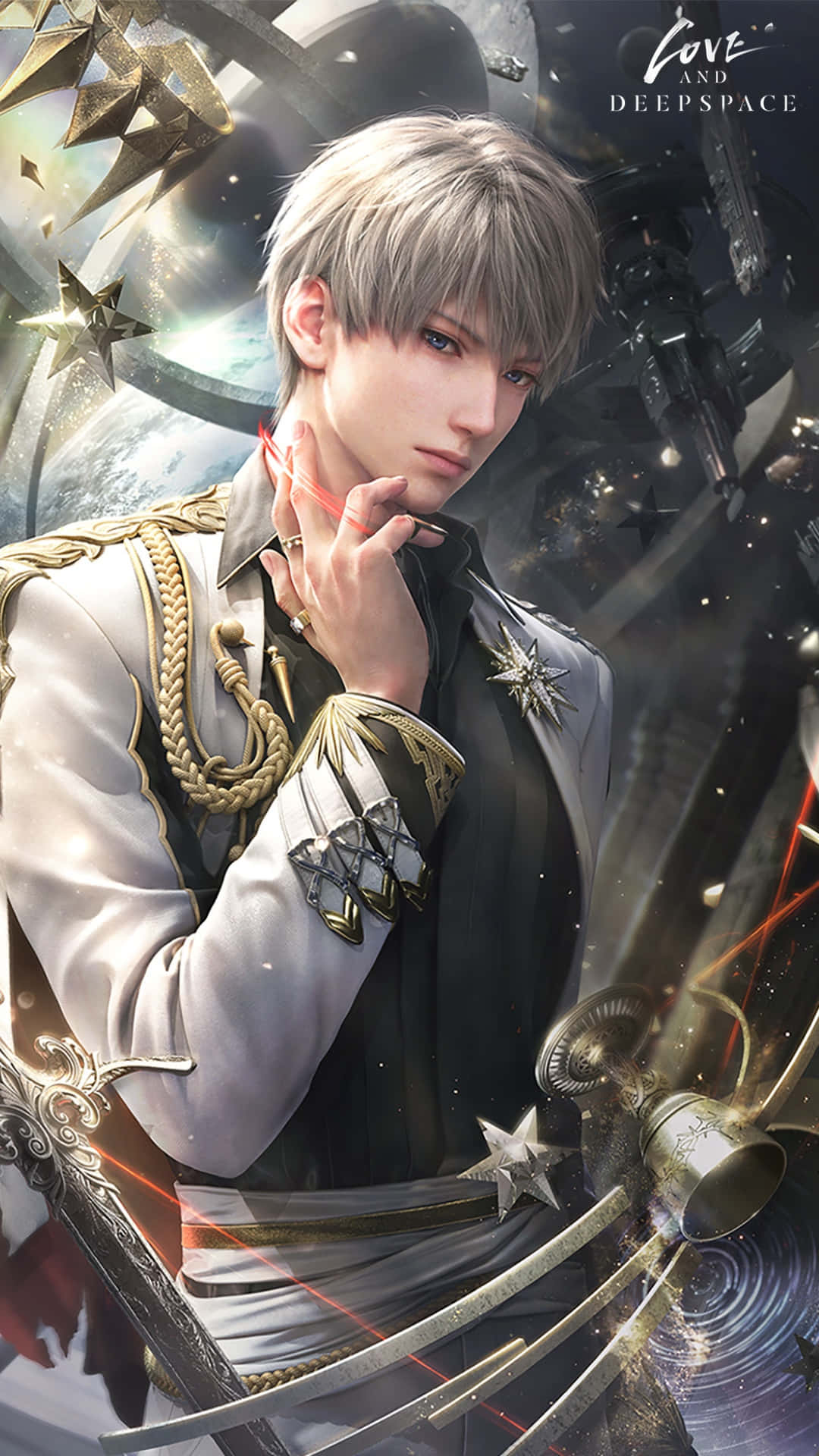  壁紙 — 一位銀髮動畫男性穿著華麗的太空主題制服，在充滿星星和機械元素的宇宙背景下，手持一把發光的劍。