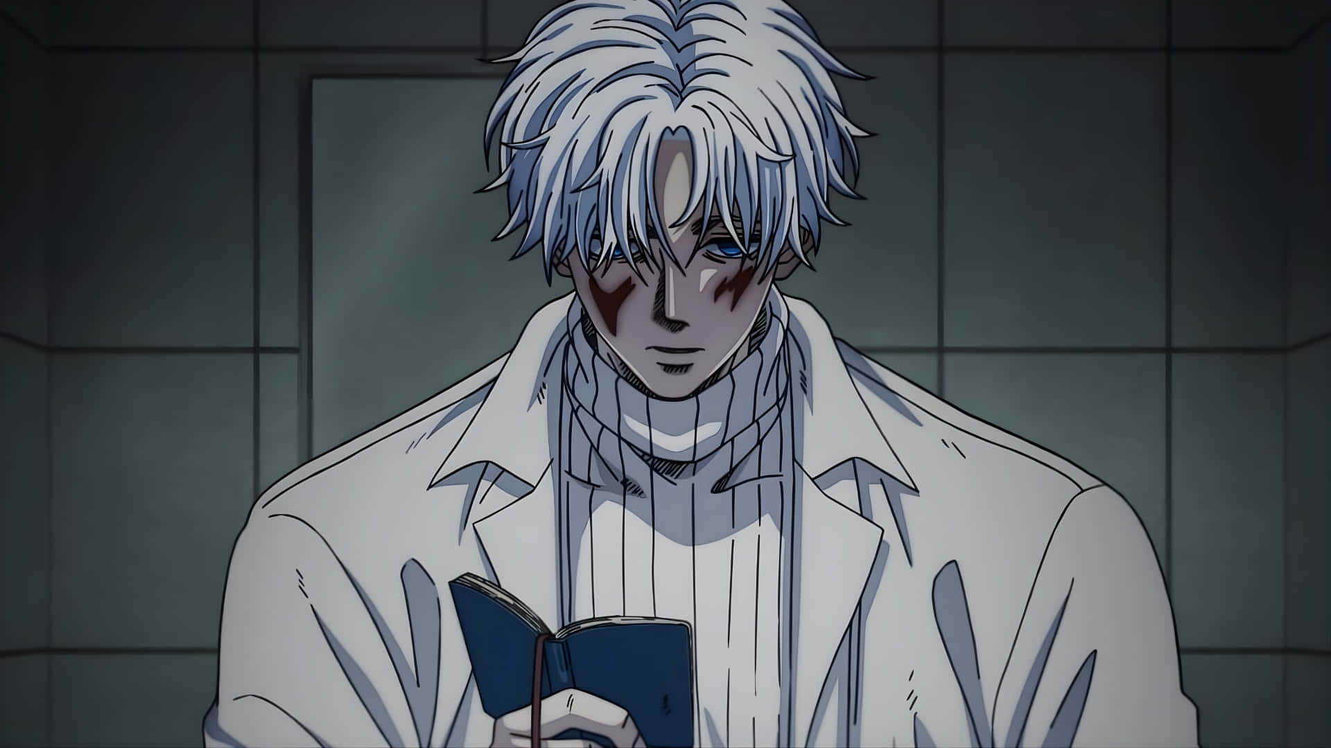  壁紙 — 一位銀髮動漫男子滿臉是血，在昏暗的瓷磚房間裡拿著一本書。