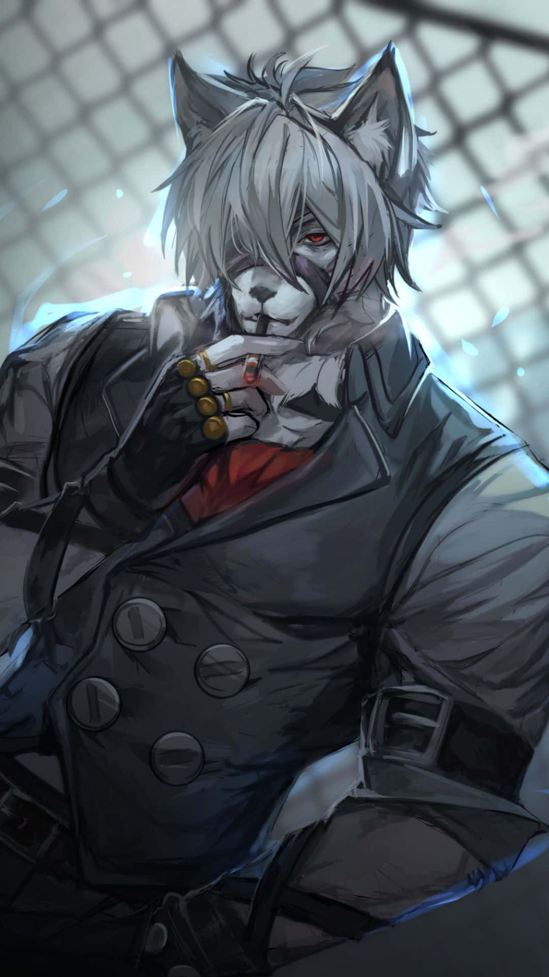  壁紙 — 一隻銀髮擬人狼，紅眼睛，在昏暗的房間裡抽煙，背景是鐵絲網圍欄。