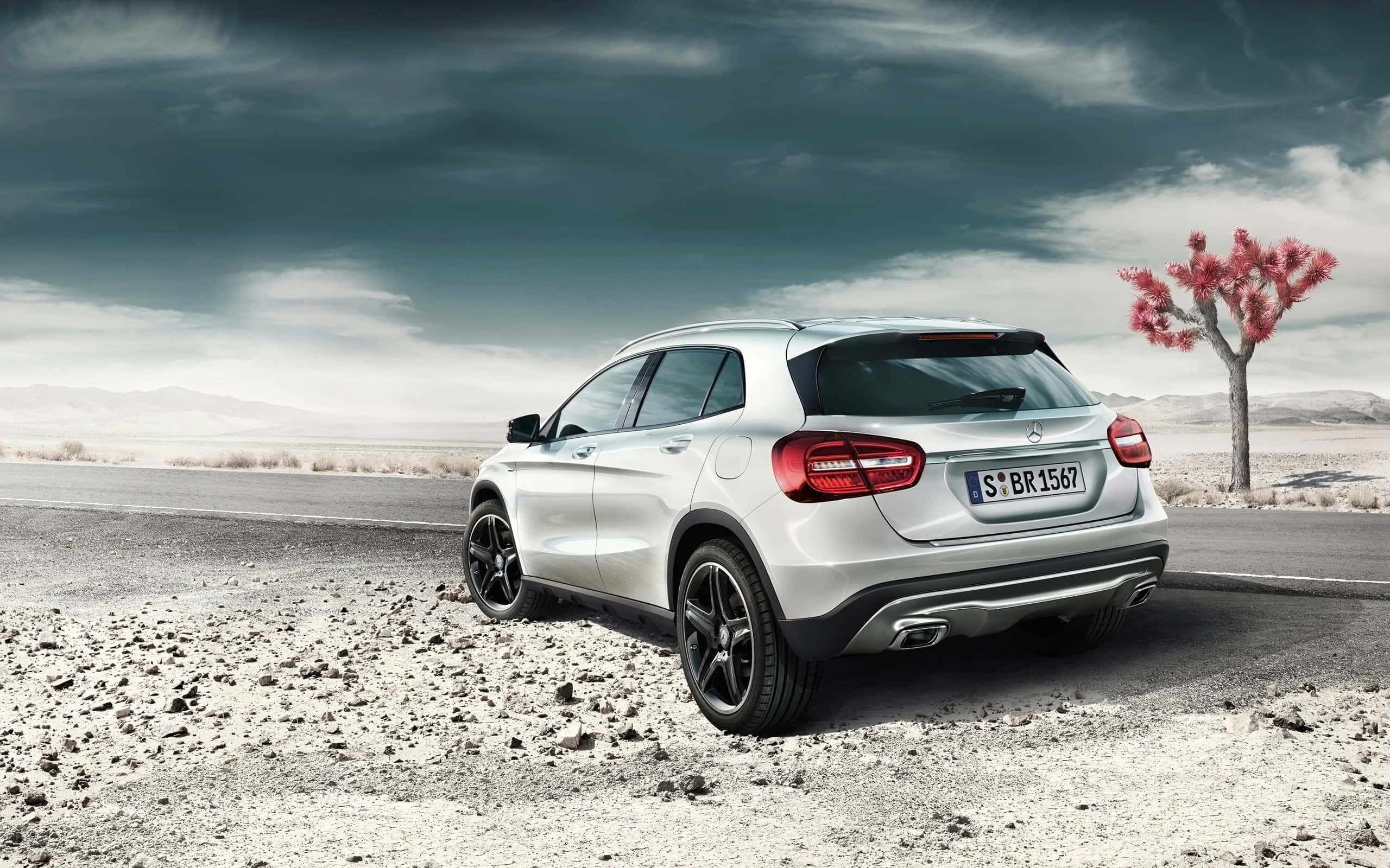 Mercedes Benz Gla-class 桌布 壁紙 — 一輛銀色平治SUV停泊在沙漠公路上，旁邊有一棵孤獨的樹，開著粉紅色的花朵，天空風雨欲來。