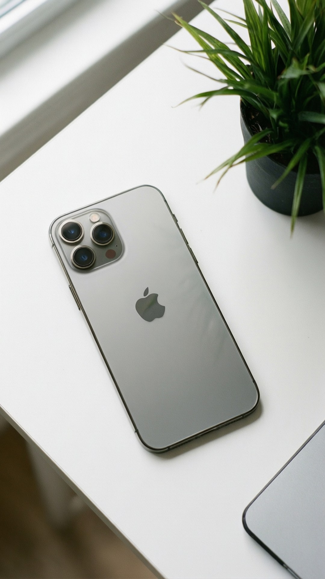 窗邊白色桌子上銀色iPhone旁邊有綠色植物