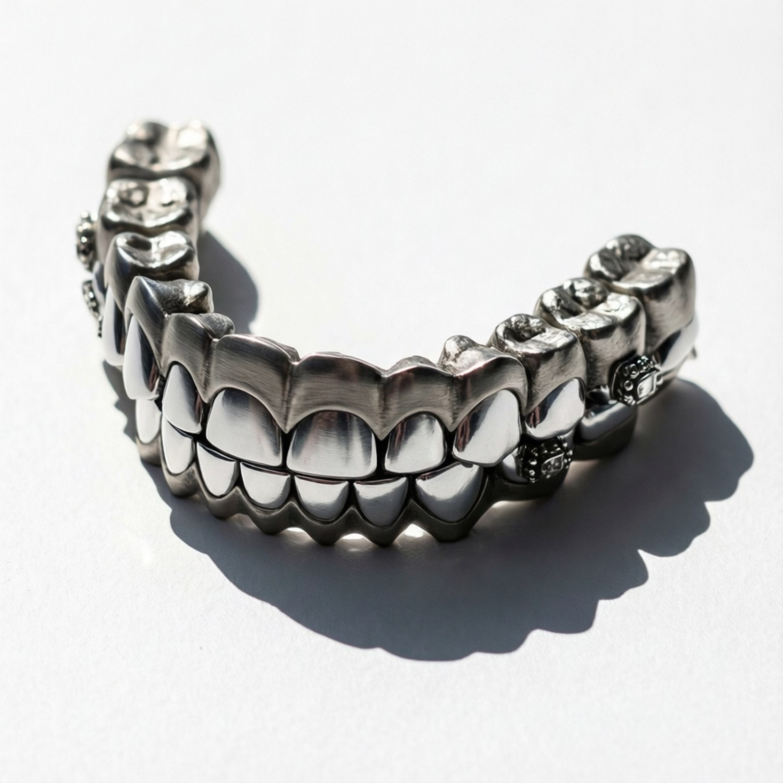 Silver Minimalist Grillz 壁紙 — 一套彎曲的金屬銀色牙套，帶有複雜的雕刻和反光表面，放置在純白色表面上，投射出銳利的陰影。