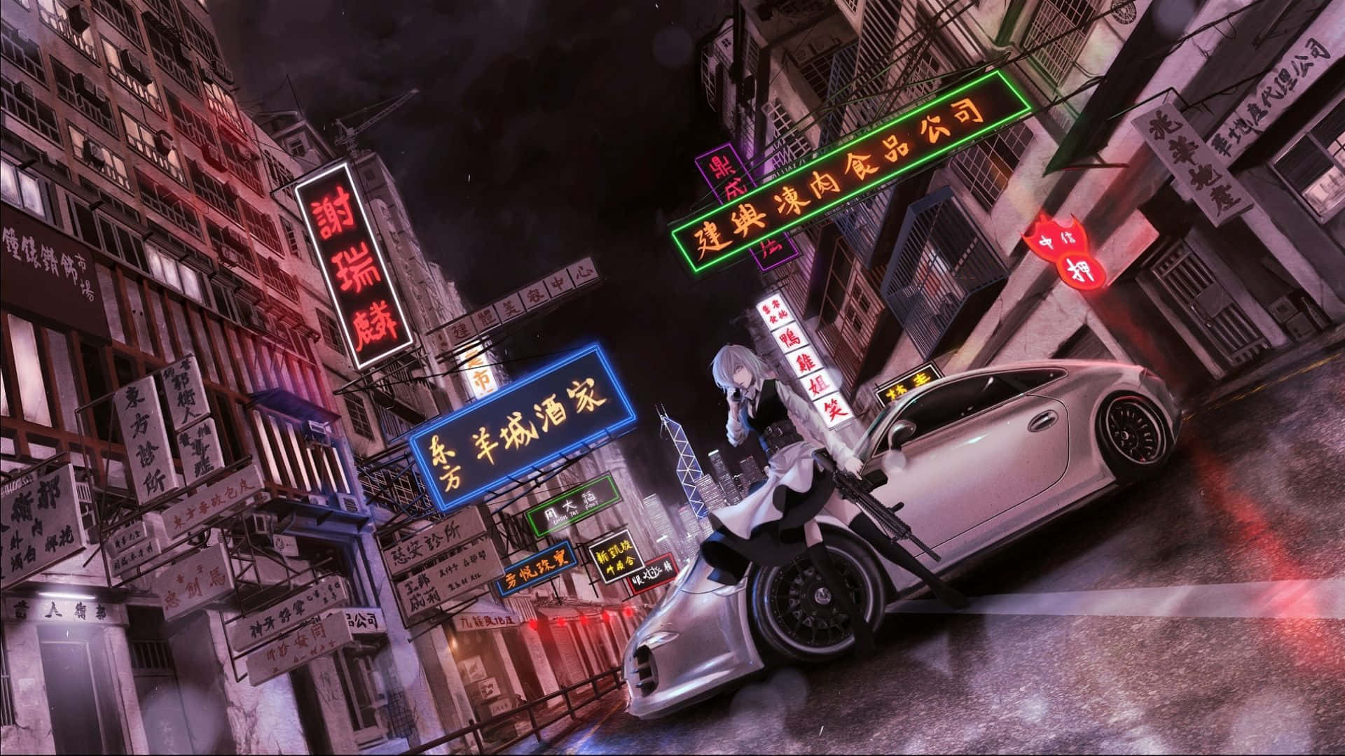  壁紙 — 一輛銀色跑車停泊在夜晚的霓虹燈小巷中，一個白髮動漫女孩靠著它。