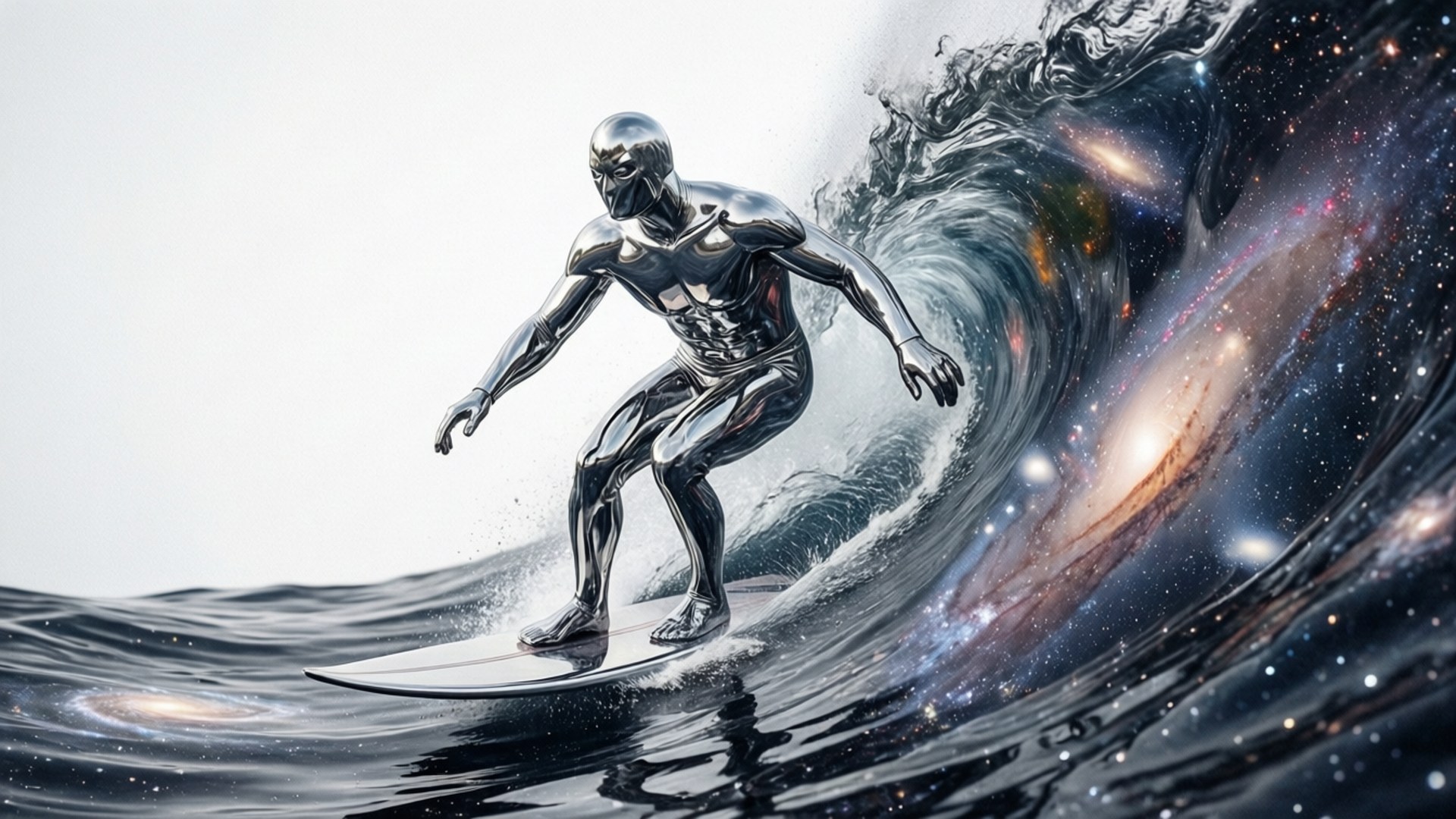 鉻合金衝浪者騎著星系和星星的波浪