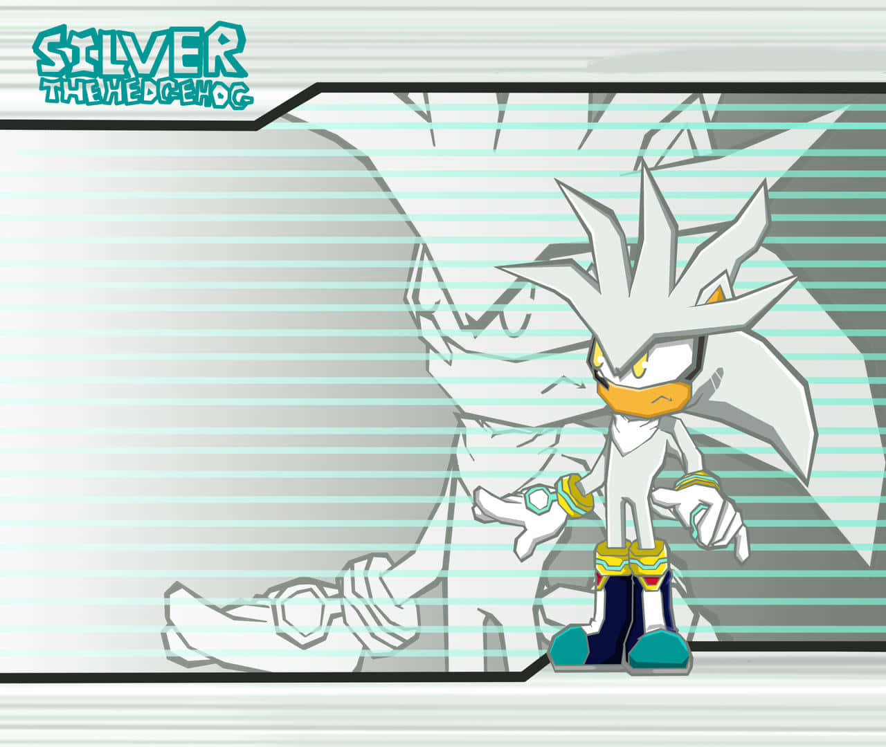  壁紙 — Silver the Hedgehog 自信地站在一個風格化的漫畫面板中，背景為青綠色和灰色條紋。