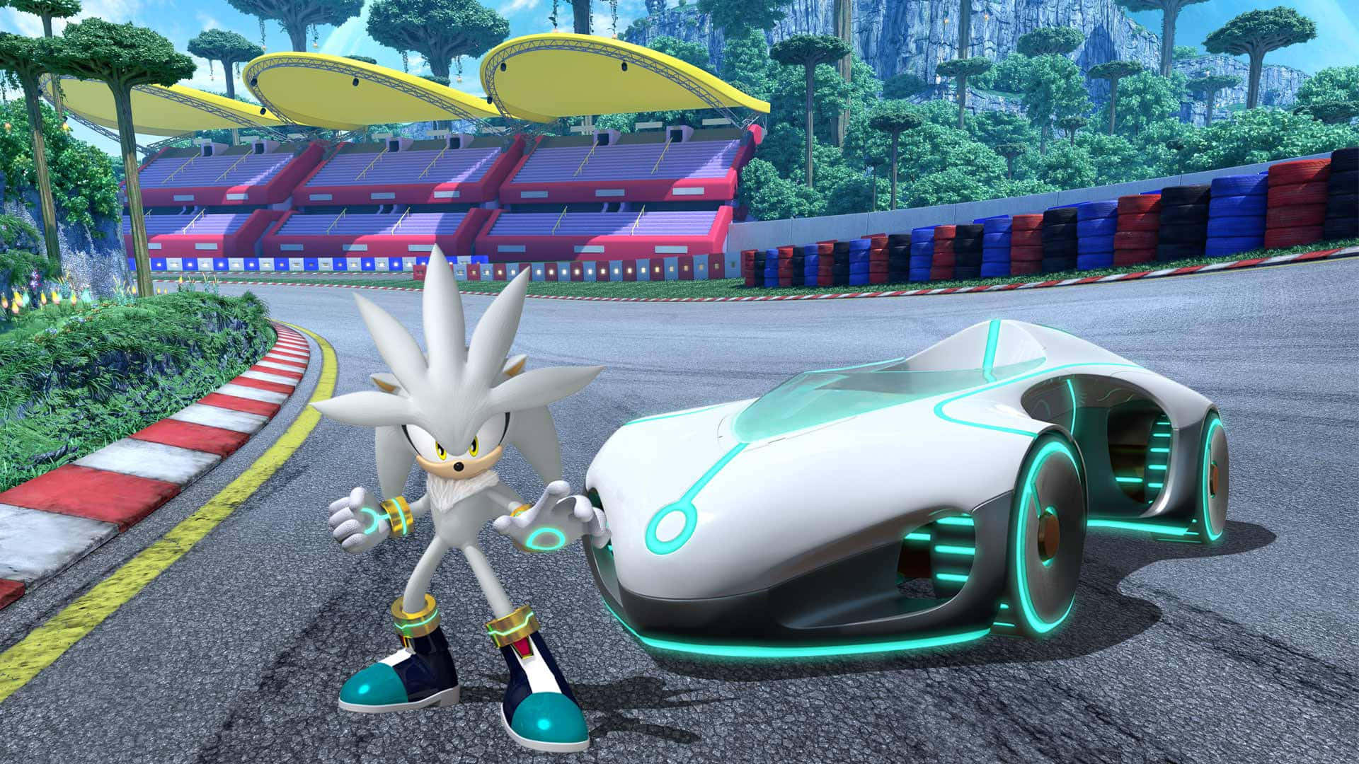 Sonic The Hedgehog Characters 桌布 壁紙 — Silver the Hedgehog 站在他發光的青綠色和白色未來賽車旁邊，在一條充滿活力的賽道上。