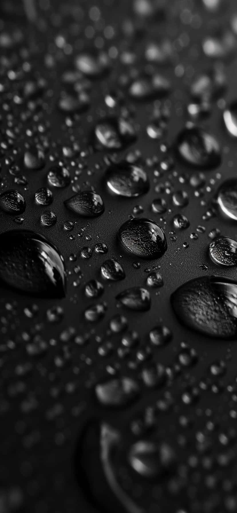  壁紙 — 閃爍的水滴停留在磨砂黑色表面上，營造出極簡的黑白微距場景。