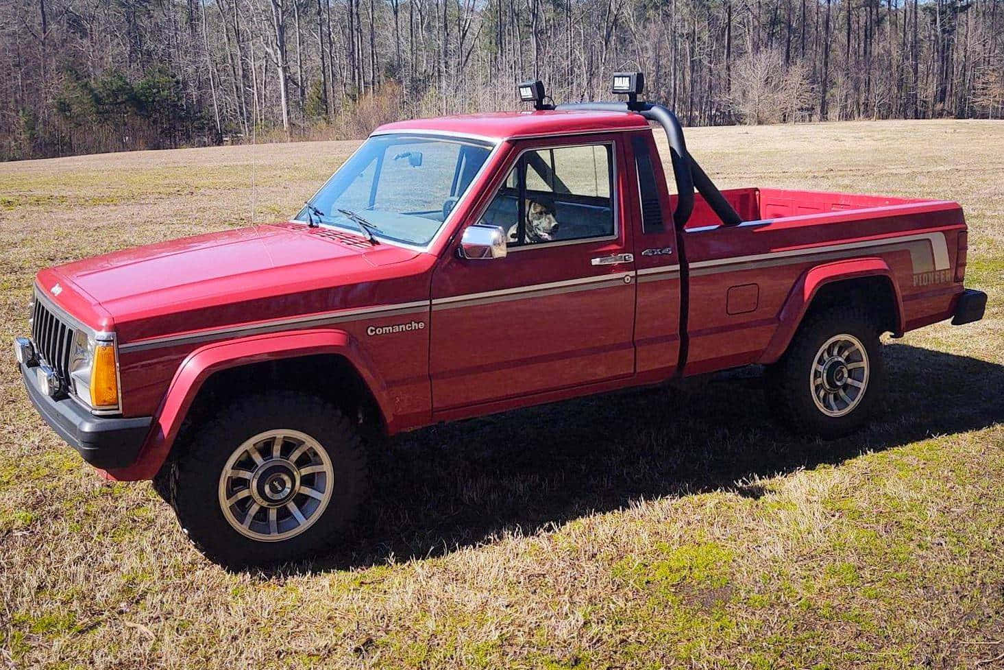 Jeep Comanche 桌布 壁紙 — 一輛鮮紅色的Jeep Comanche皮卡車停在乾草地上，背景是森林。