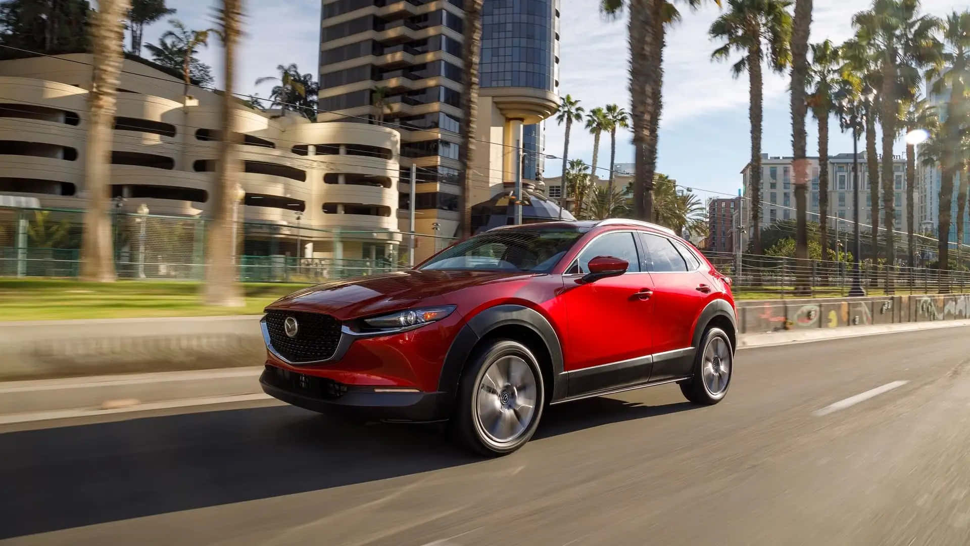 Mazda Cx-30 桌布 壁紙 — 一輛鮮紅色的萬事得CX-30 SUV在棕櫚樹成蔭的都市街道上行駛，背景是現代建築。
