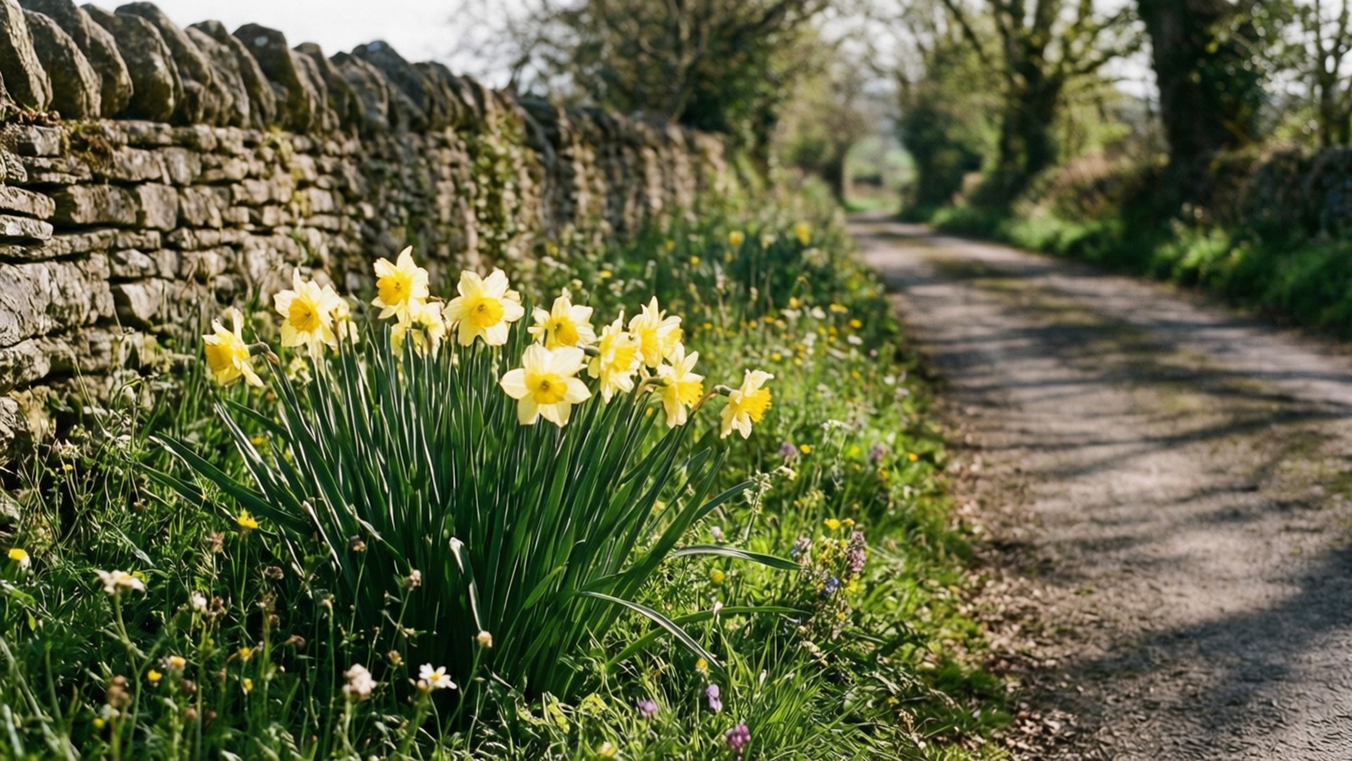 Narcissus Flower 桌布 壁紙 — 鮮黃色的水仙花在明媚陽光下，沿著一條蜿蜒的泥土小徑，在風化的石牆旁盛開。