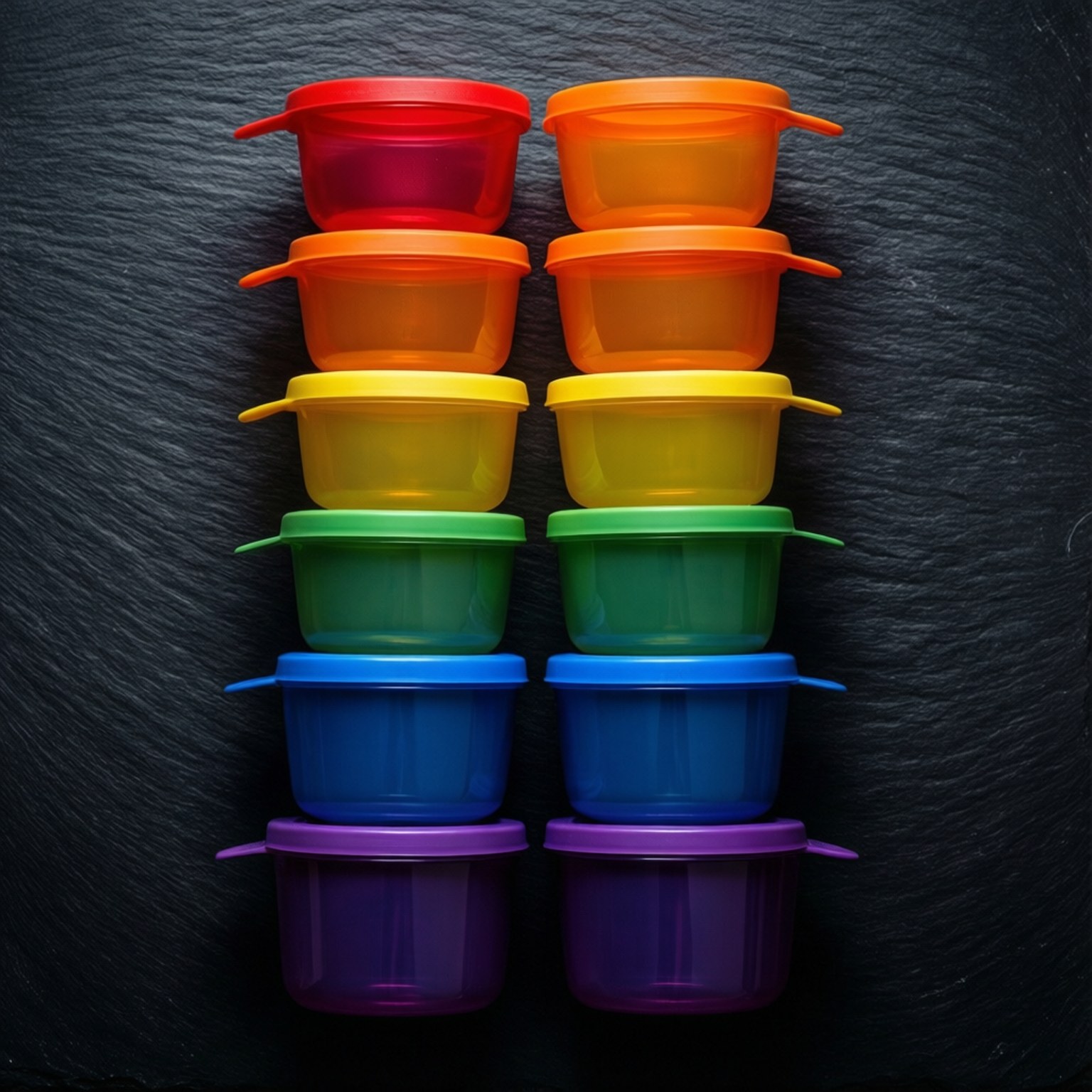 彩虹Tupperware對稱 壁紙 — 鮮豔彩虹色塑膠食物容器在深色石板表面上堆疊成兩列。