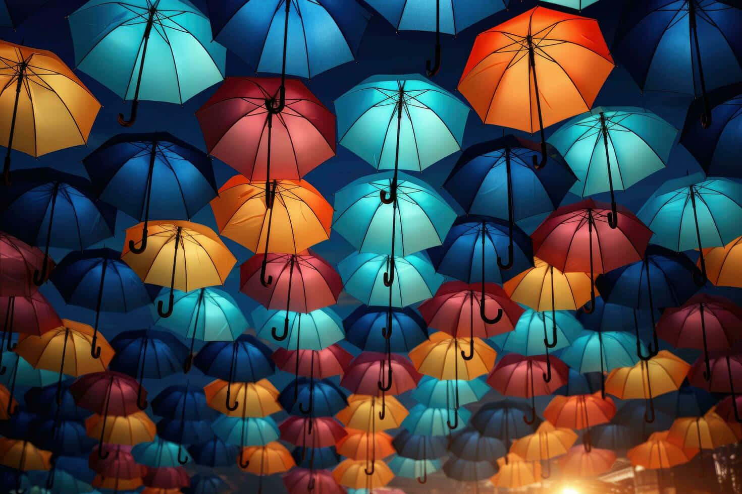  壁紙 — 鮮豔的橙色、藍綠色和紅色打開的雨傘懸掛在黑暗的夜空中，形成一個色彩繽紛的頂篷。