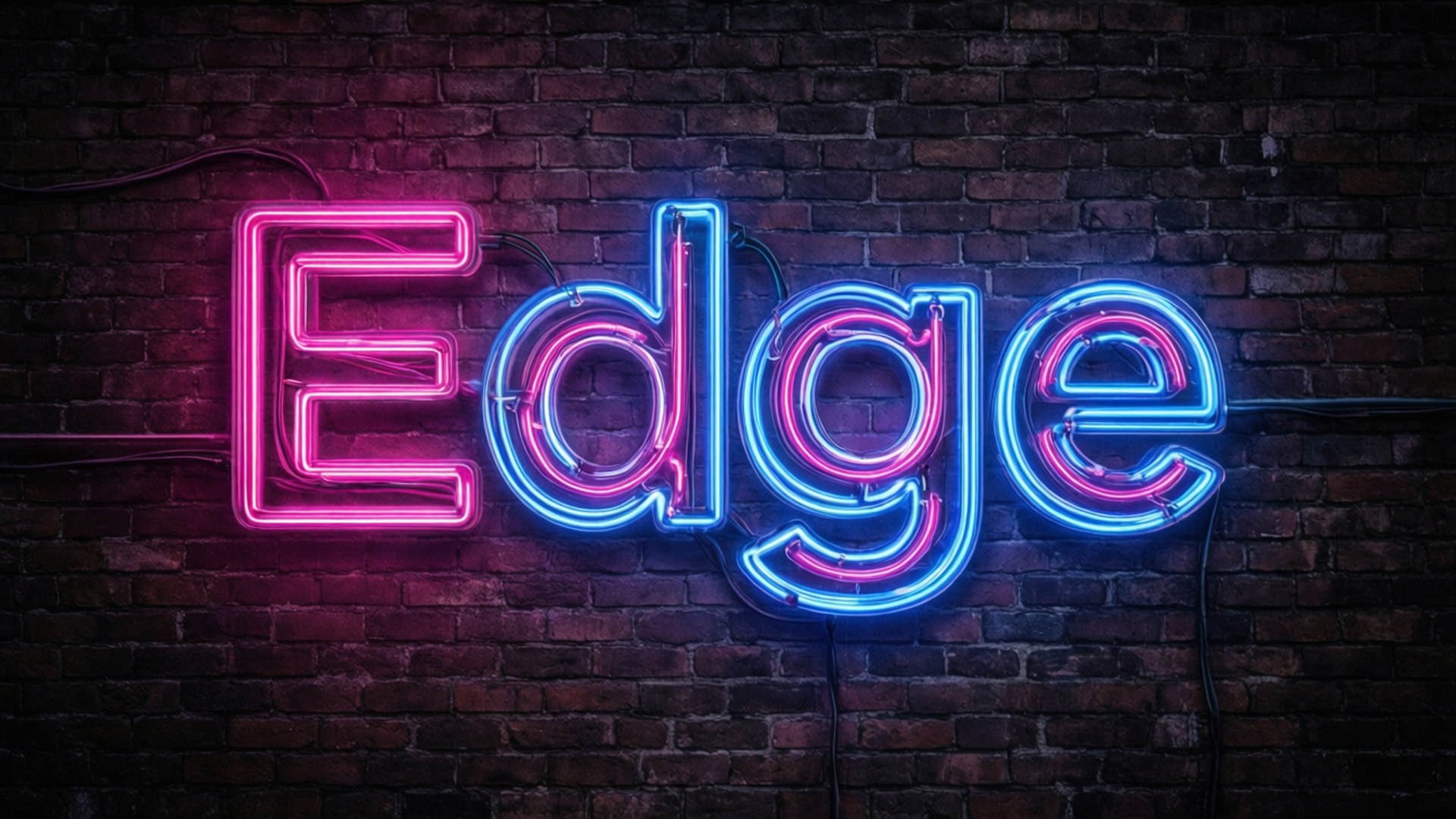 磚牆上以粉紅色和藍色顯示 Edge 的霓虹燈牌。