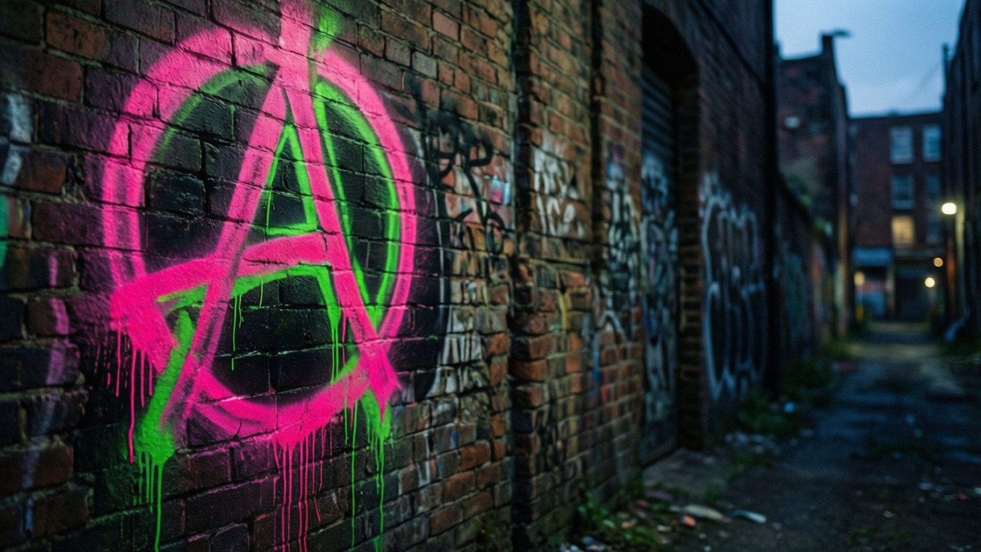 anarchy 桌布 壁紙 — 鮮豔的粉紅色和綠色無政府主義標誌在黃昏時分沿著一條昏暗的城市小巷中風化的磚牆滴落。