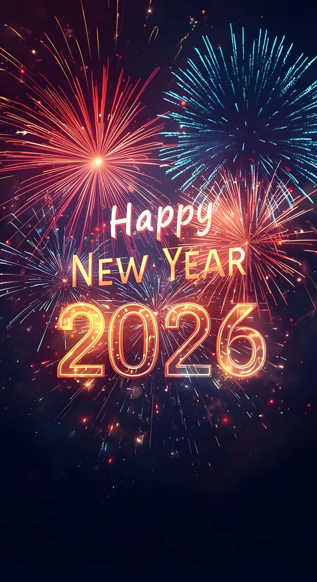  壁紙 — 鮮豔的紅色和藍色煙火在黑暗夜空背景下，在發光的「Happy New Year 2026」文字後方爆炸。