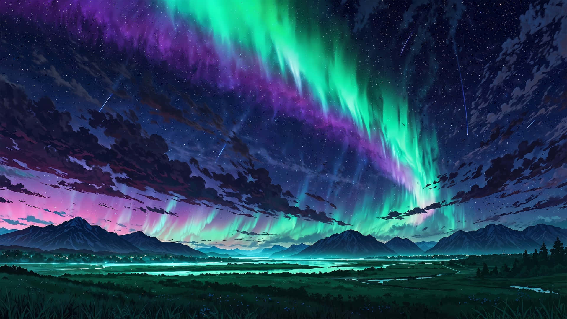 壁紙 — 鮮豔的綠色和紫色極光在星空夜空中，在剪影山脈和發光的山谷上方舞動。