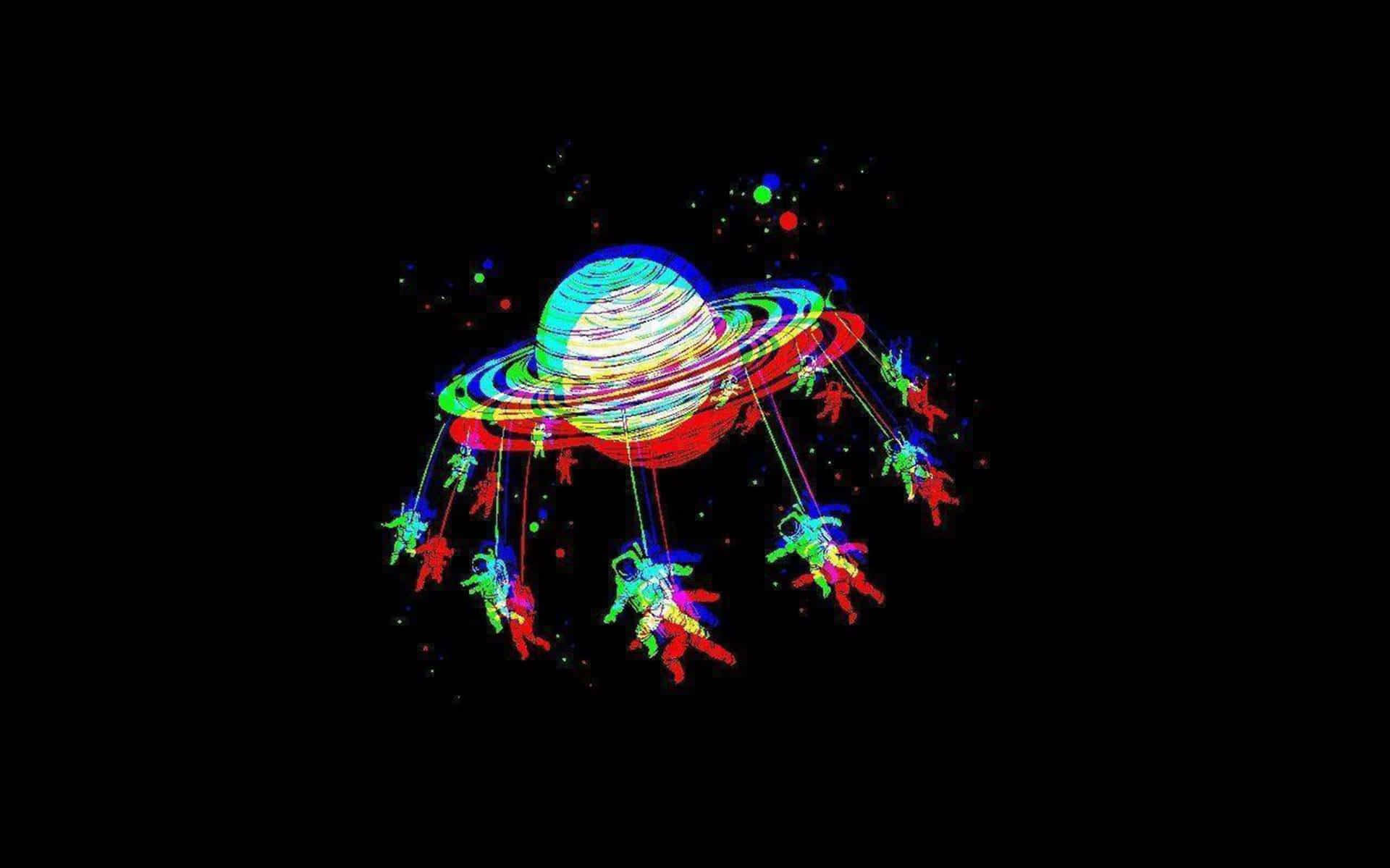  壁紙 — 鮮豔的霓虹太空人在黑色虛空中圍繞著一顆帶有彩色光環的發光行星漂浮。