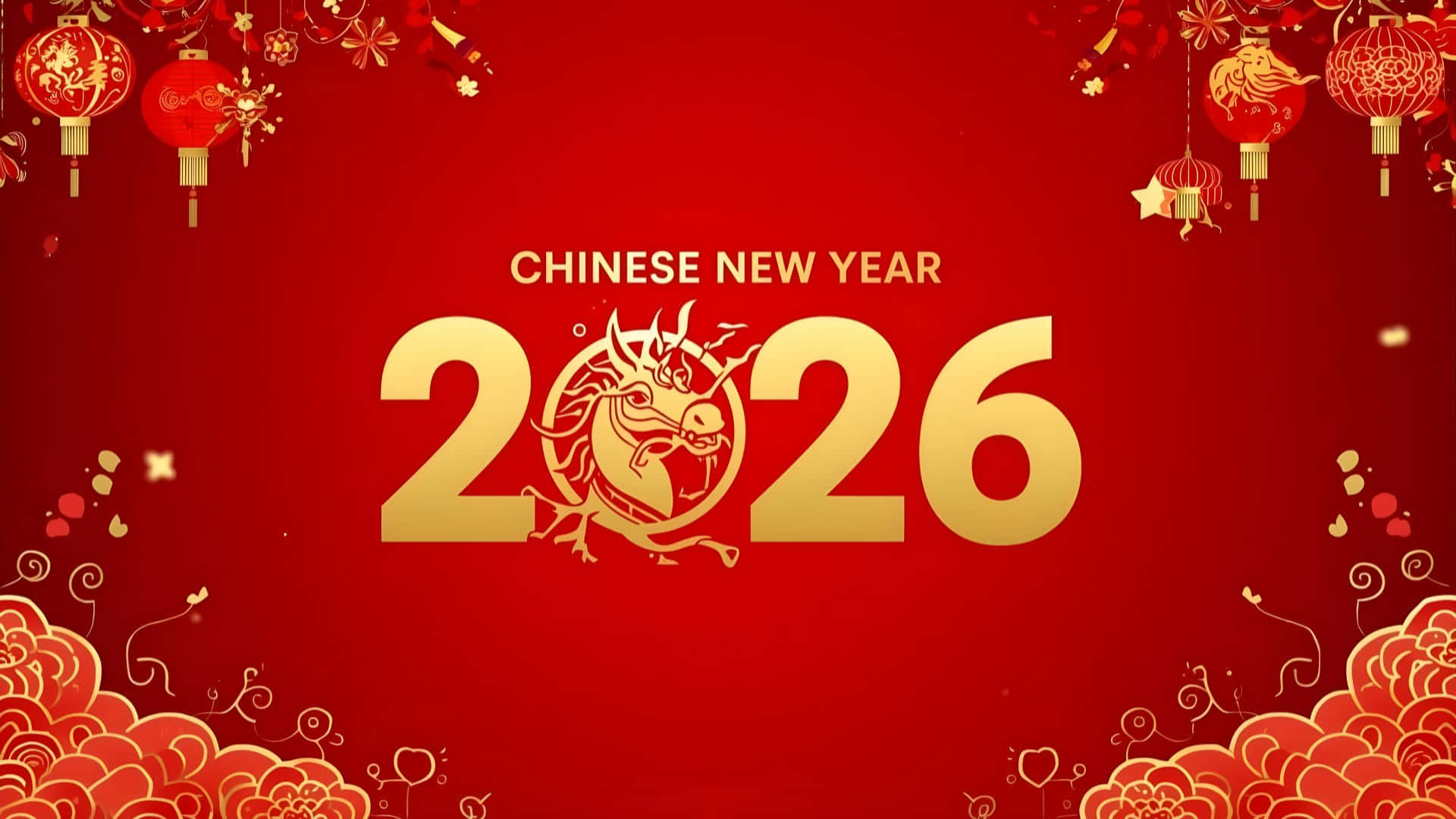  壁紙 — 鮮豔的紅色背景，帶有金色的2026年農曆新年文字和龍圖案，周圍環繞著節日燈籠和雲紋。