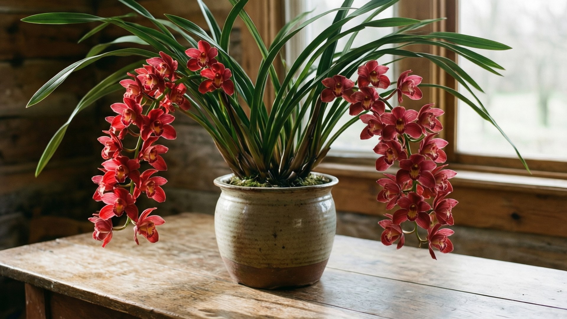 Red Cymbidium Rustic 壁紙 — 鮮豔的紅色蘭花在陽光照射的窗邊，一個質樸的陶瓷花盆裡盛開，花盆放在風化的木桌上。