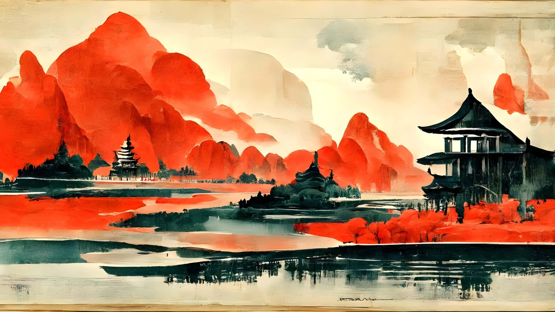  壁紙 — 鮮豔的紅色山脈倒映在平靜的水面上，旁邊是傳統的寶塔，天空柔和多雲。