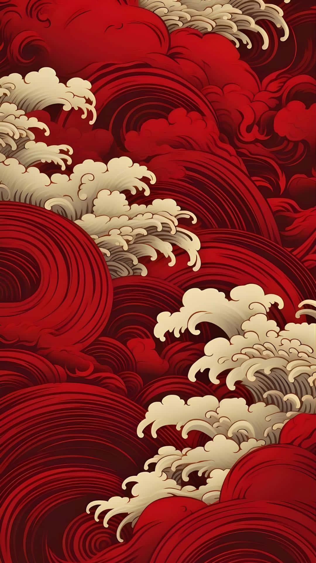  壁紙 — 鮮豔的紅色和奶油色波浪在深紅色的背景下以動態、風格化的運動洶湧澎湃。