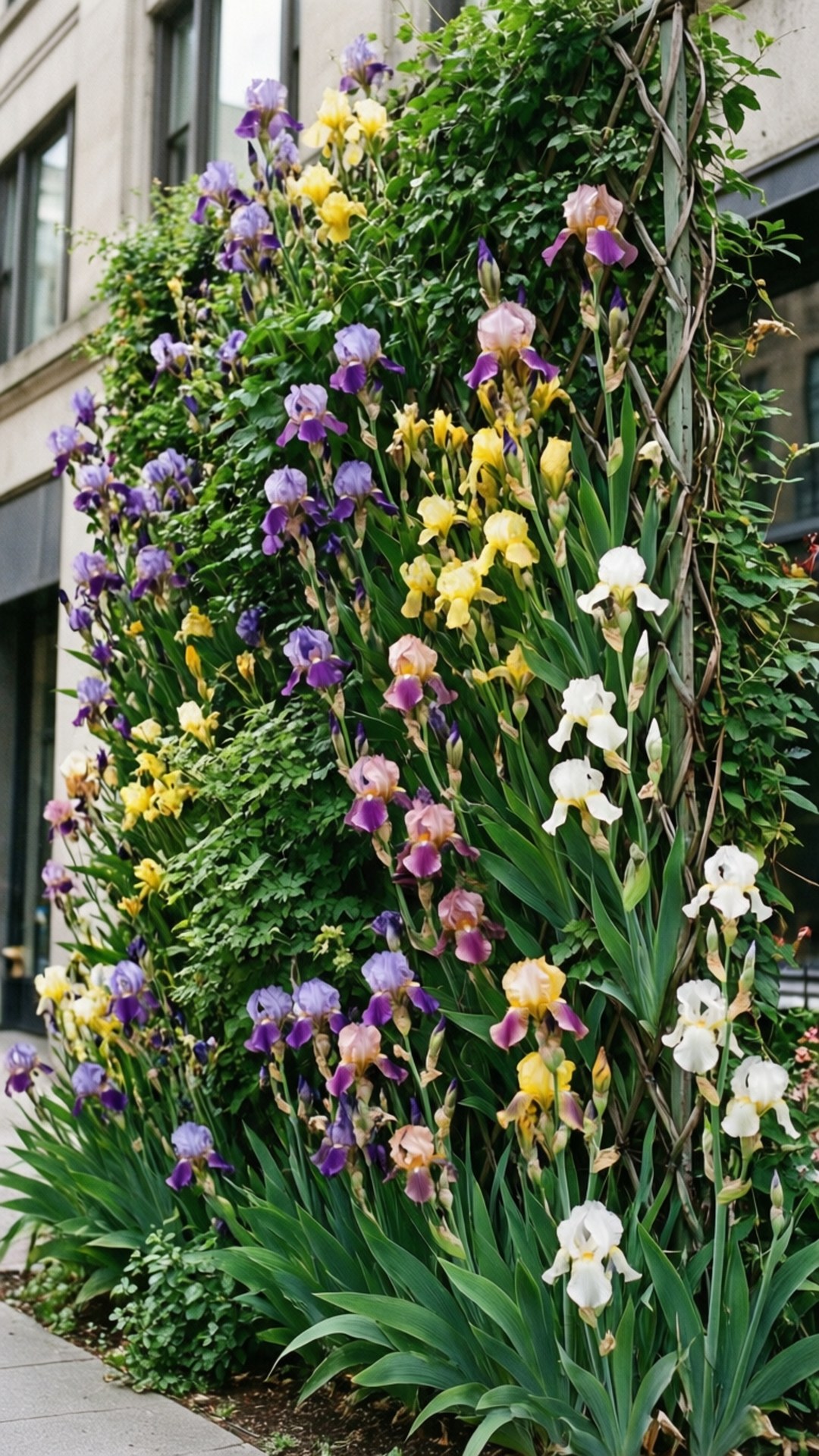 Iris Flower 桌布 壁紙 — 鮮豔的紫色、黃色和白色鳶尾花密集盛開，襯著城市建築旁茂密的綠色牆壁。