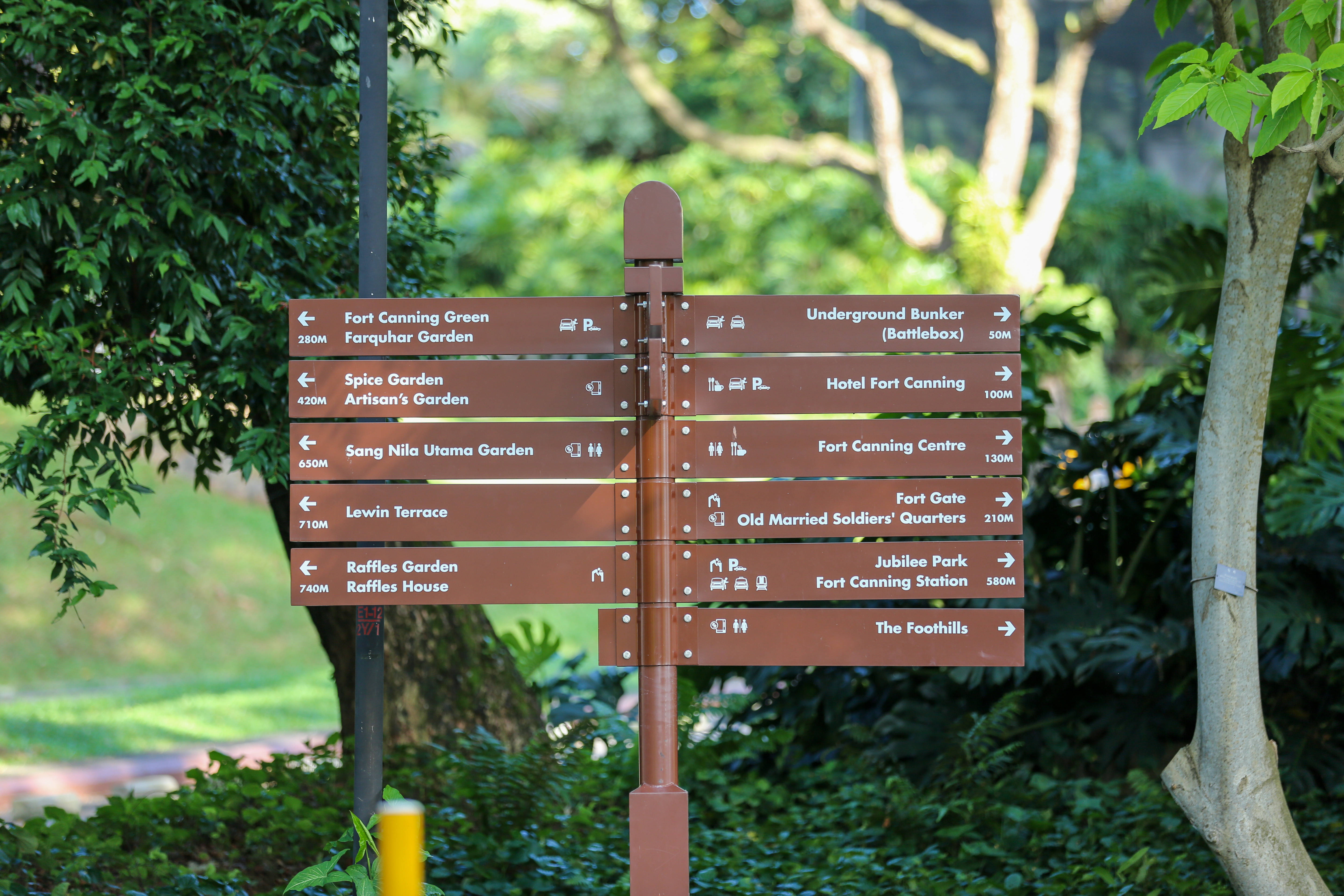 公園方向指示牌 壁紙 — 一個在茂密綠色公園中的棕色方向標誌，在斑駁的陽光下指向各種景點，如福康寧綠地和萊佛士花園。