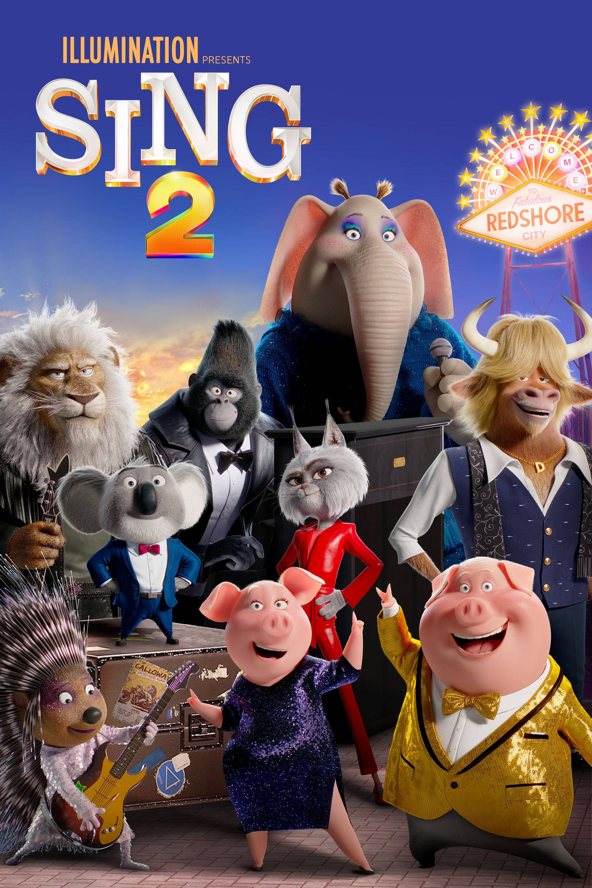 《Sing 2》宣傳海報 壁紙 — 一張色彩繽紛的《星夢動物園2》動畫電影海報，描繪了穿著燕尾服和舞台服裝的擬人化動物，背景是日落時分的城市天際線。