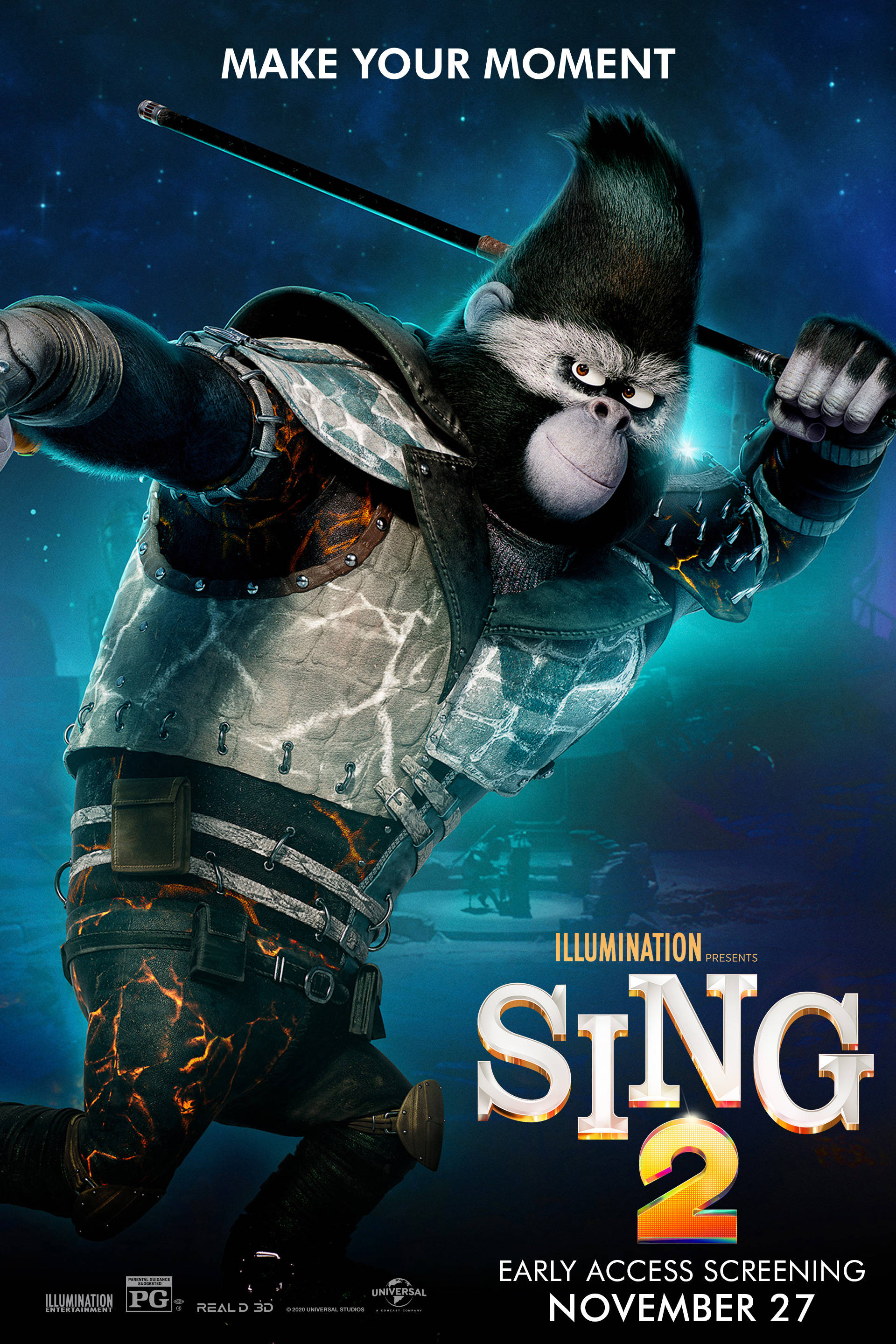 《Sing 2》帥氣Johnny角色海報 壁紙 — 一隻身穿盔甲嘅兇猛動畫猴子喺星空藍色背景下揮舞發光嘅杖，電影海報。