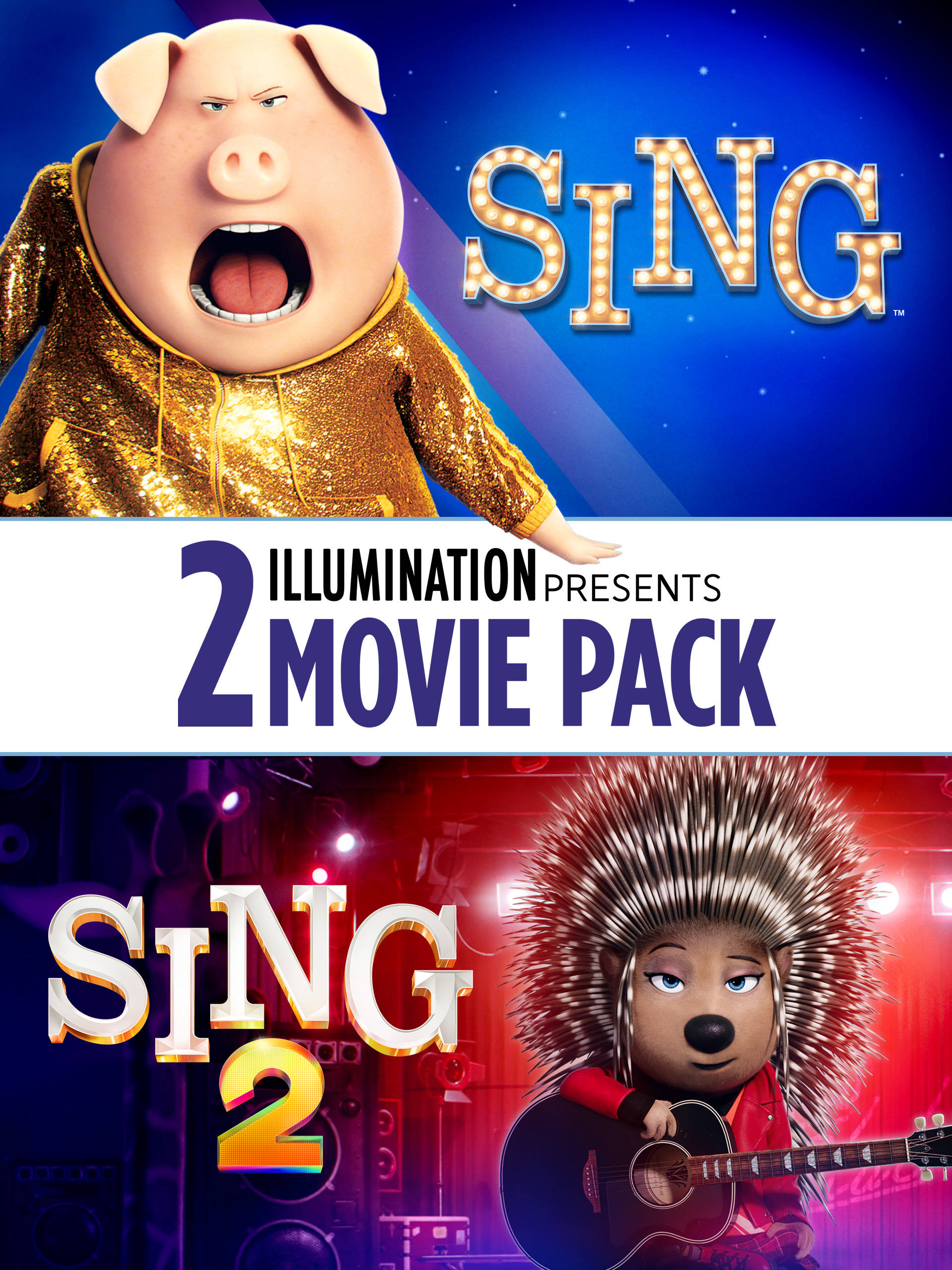 《Sing 2》阿什與諾曼 壁紙 — 《星夢動物園2》充滿活力的動畫海報，展示一隻金色的唱歌豬和一隻刺蝟結他手在舞台燈光下。