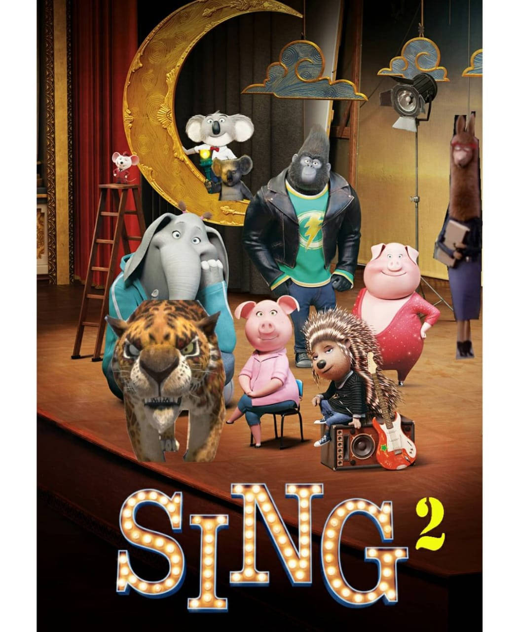 《Sing 2》電影海報設計 壁紙 — 動畫動物角色在金色月亮裝飾和發光的「SING 2」標誌燈光下於劇院舞台上表演。