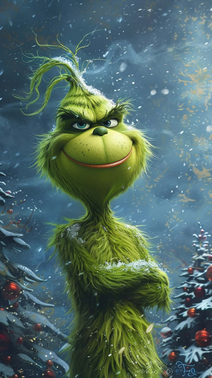  壁紙 — 聖誕怪傑站在雪白的冬日場景中，雙臂交叉，周圍是裝飾過的樹木和飄落的雪花。