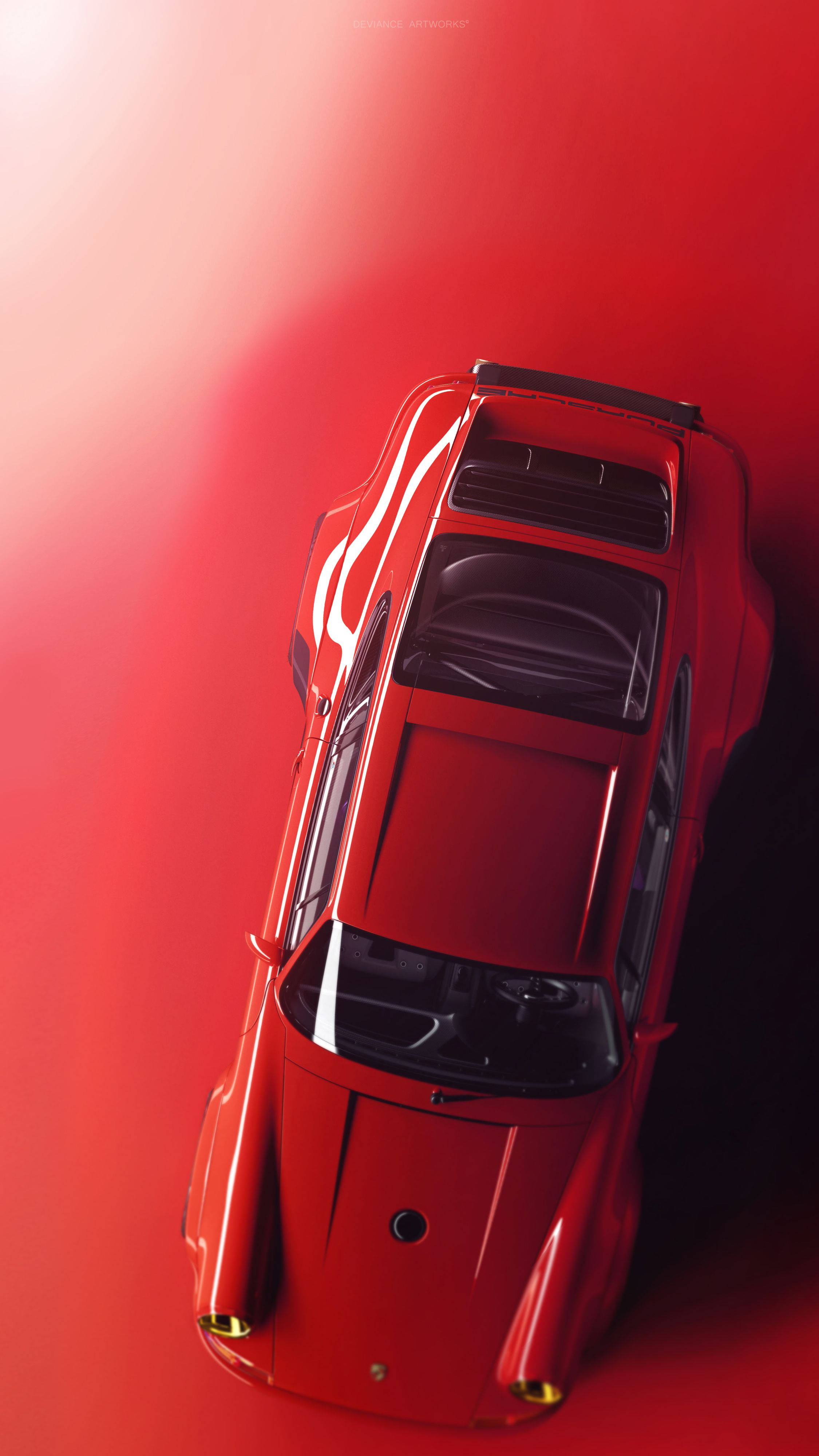 Singer保時捷Bahia紅色 壁紙 — 從上方俯瞰一輛時尚的紅色跑車，背景為漸變紅色，帶有戲劇性燈光效果。