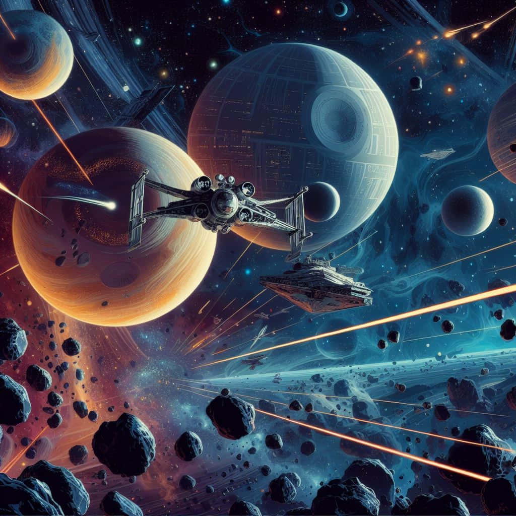  壁紙 — 喺深空嘅彩色行星同小行星帶之間，一架星際戰機喺死星附近閃避激光炮火。