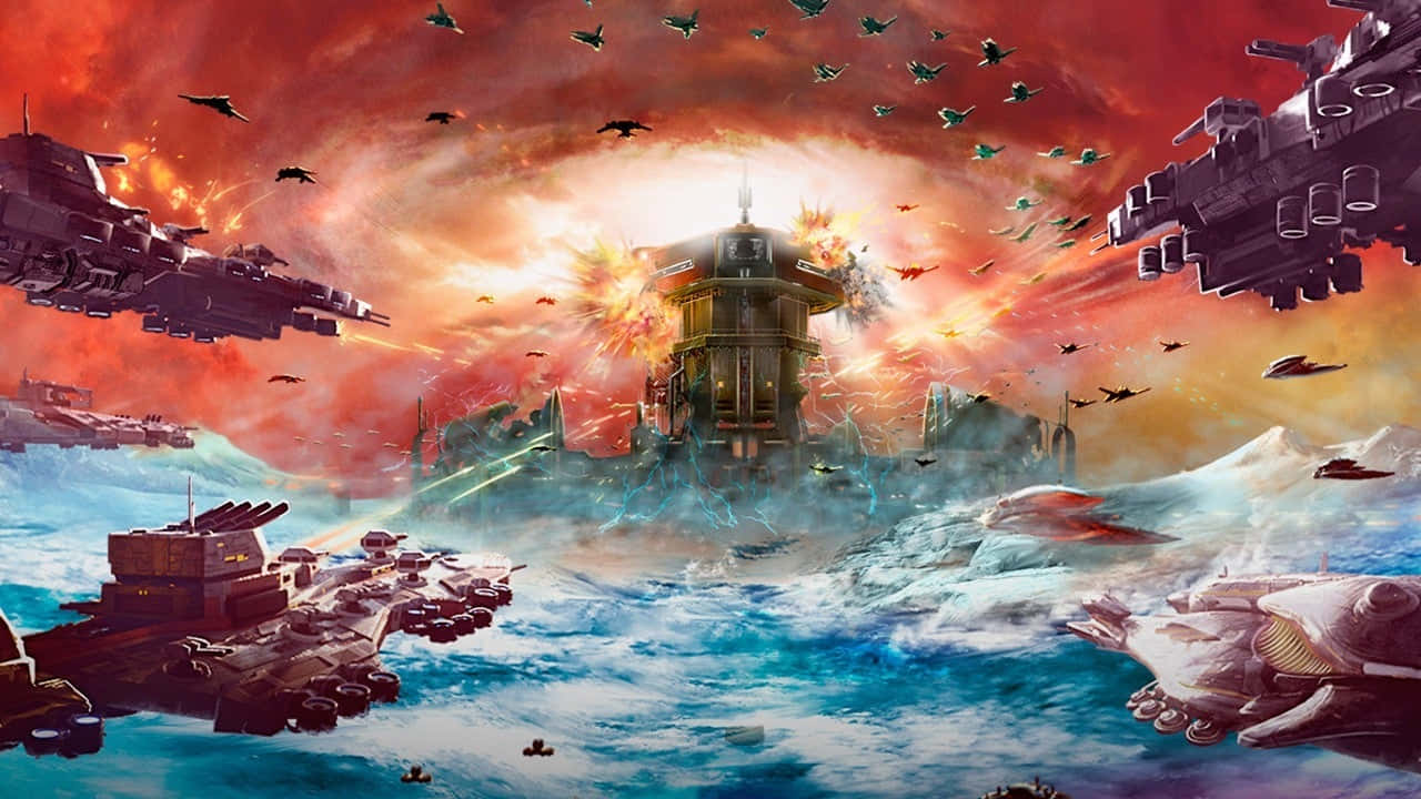 未來風格的軍艦和戰鬥機在火紅的天空下圍繞著浮動堡壘戰鬥。
