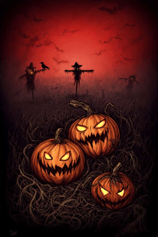 Sinister Pumpkin Patch at Dusk – Chilling Halloween 4K 壁紙 — 三個發光的傑克南瓜燈，帶著鋸齒狀的笑容，坐在纏結的樹根中，背景是血紅色的天空，襯著稻草人和蝙蝠的剪影。