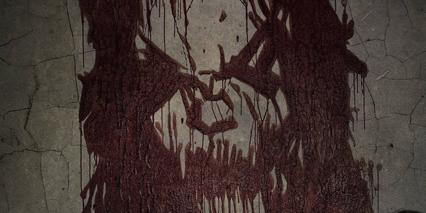 《Sinister》中的布古爾（Bughuul） 壁紙 — 一個怪誕、滴血的紅色骷髏頭刻在裂開的混凝土牆上，帶有黏稠的質感。
