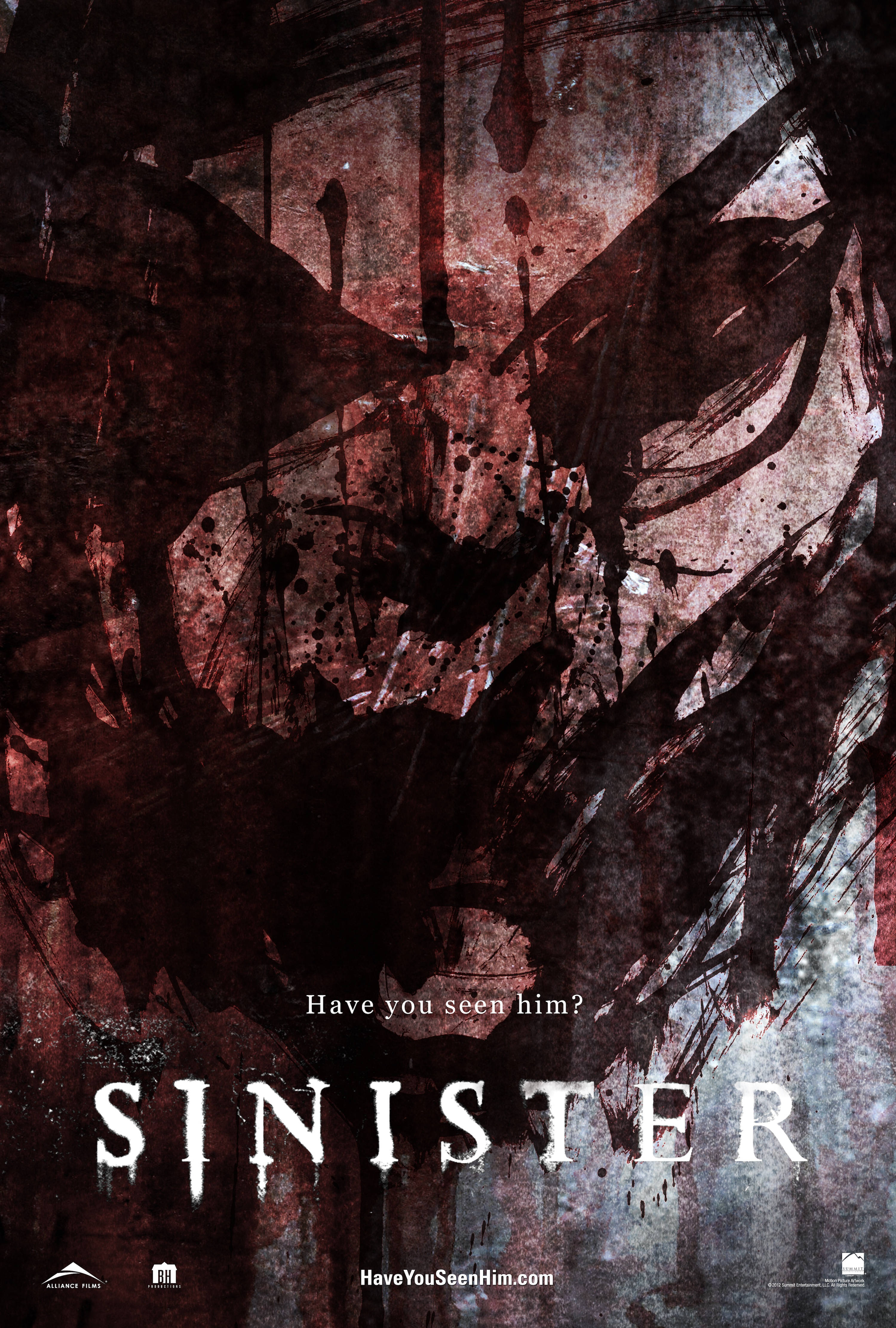 《Sinister》電影海報：「你有沒有看見他？」 壁紙 — 《Sinister》恐怖電影海報，以血濺和深色污垢在紋理牆壁上形成一個怪誕的惡魔面孔。