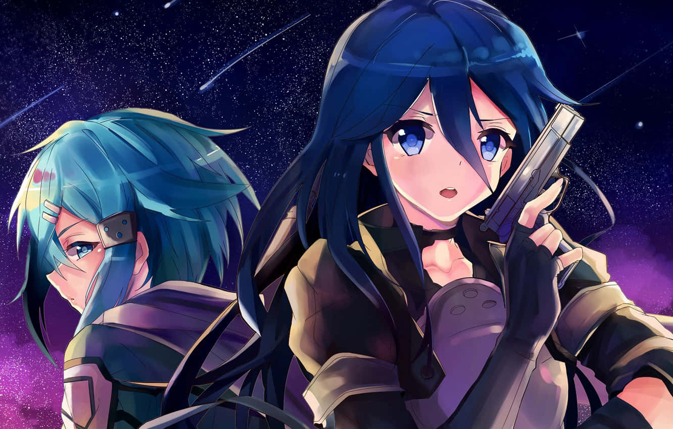 兩個藍髮動漫女孩在星空夜空中持槍。