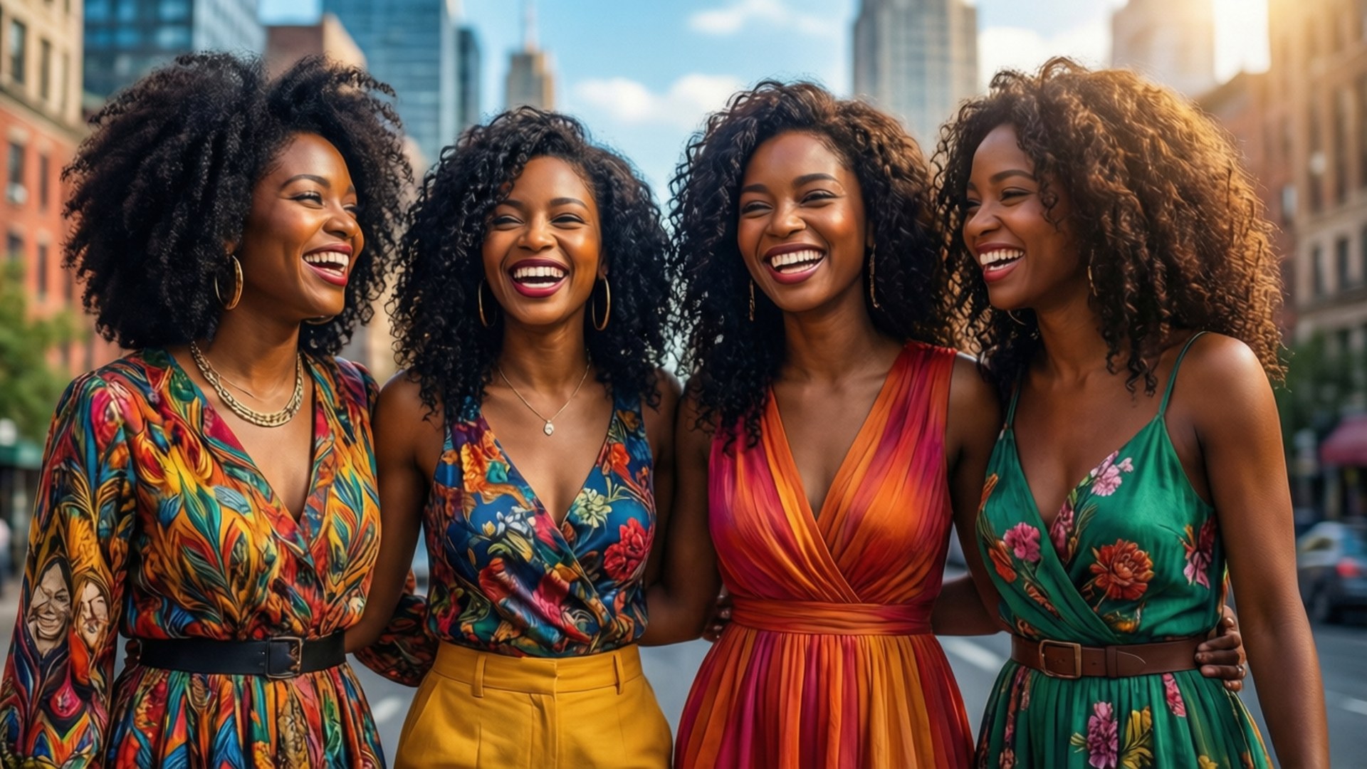 Sistas 集體歡樂 壁紙 — 四位快樂的黑人女性，擁有捲曲頭髮，在陽光明媚的城市街道上穿著鮮豔的花卉和漸變連衣裙一起大笑。