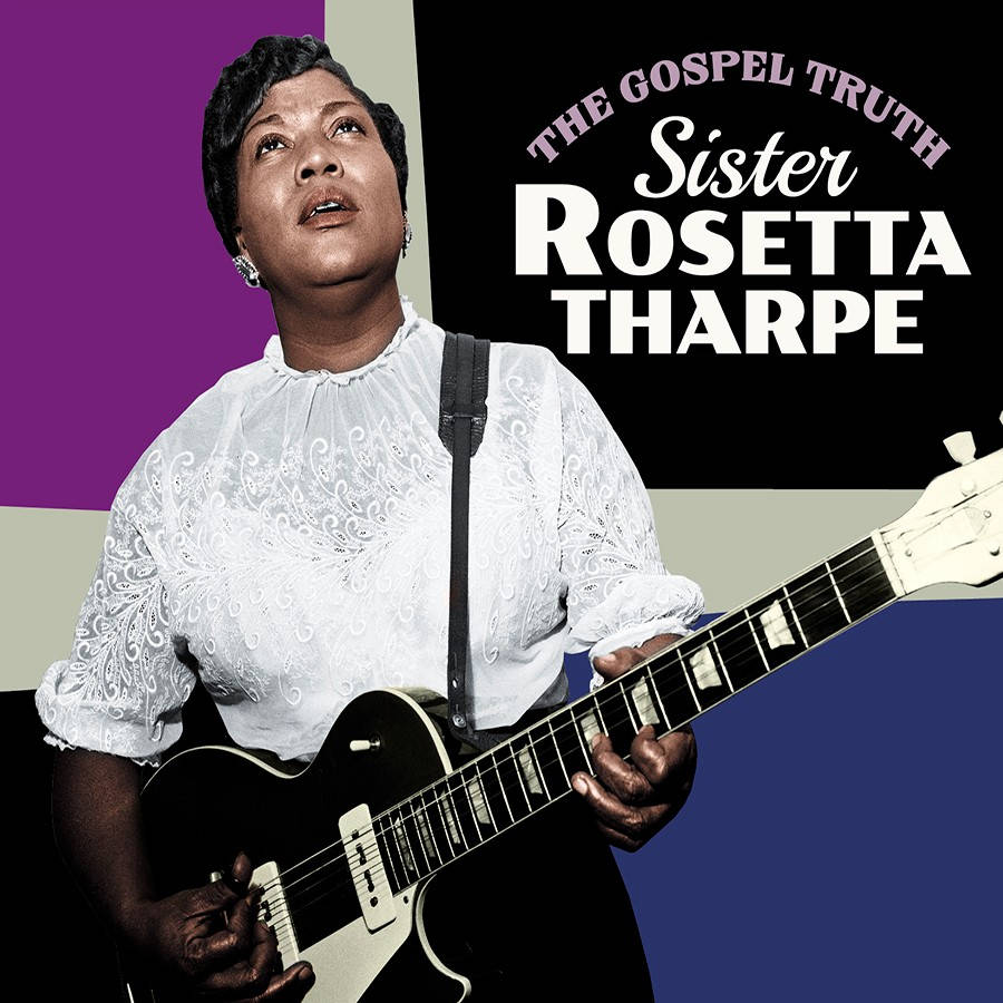 Sister Rosetta Tharpe 彈奏電結他，帶有文字覆蓋