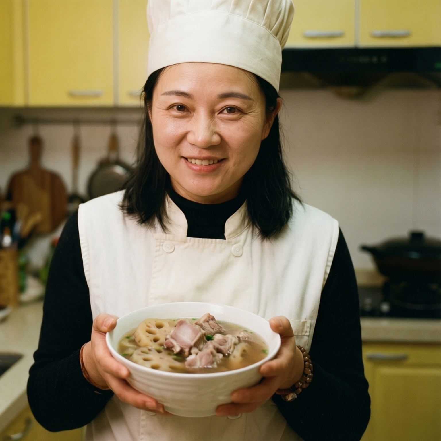 一位廚師在廚房裡端著一碗蓮藕豬肉湯。