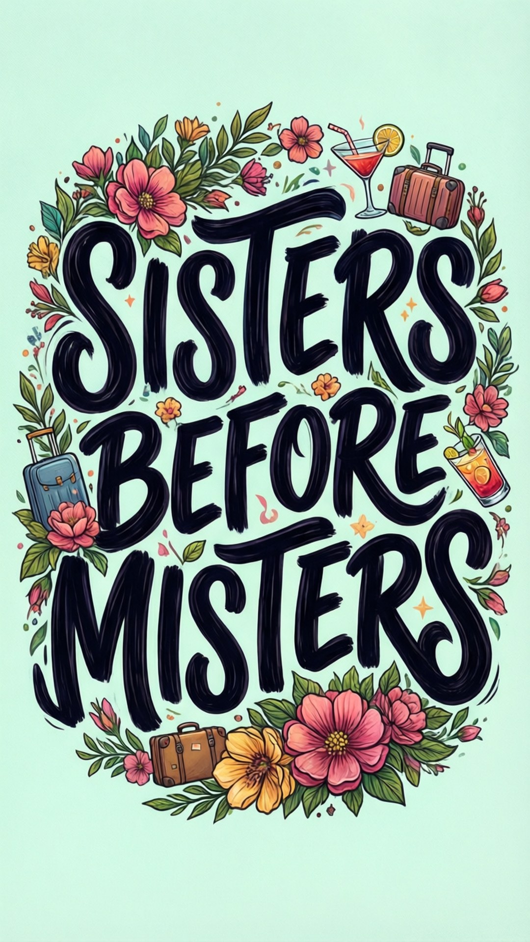 Girls Trip 桌布 壁紙 — 粗體黑色字母拼出「SISTERS BEFORE MISTERS」，周圍環繞著色彩繽紛的花朵、行李箱和雞尾酒，背景為薄荷色。
