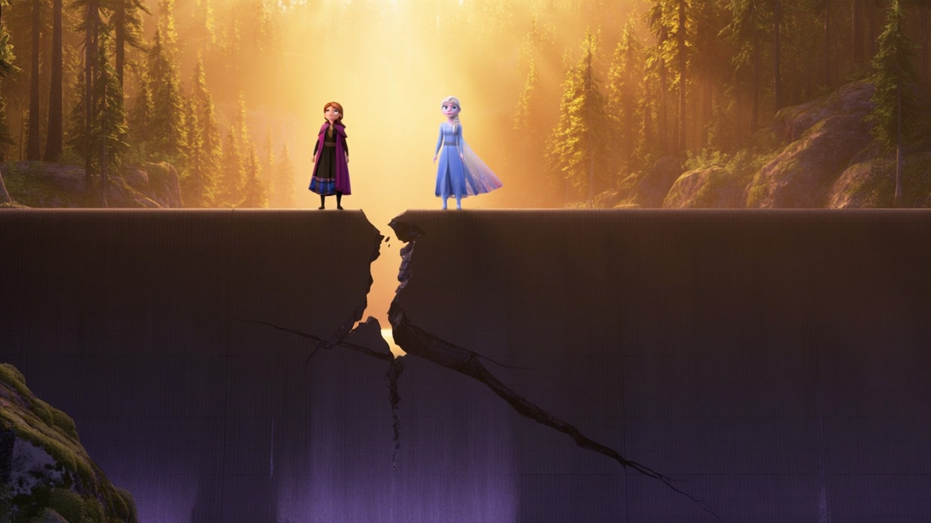 兩個動畫姐妹站在金色陽光的森林中破碎的冰崖上。